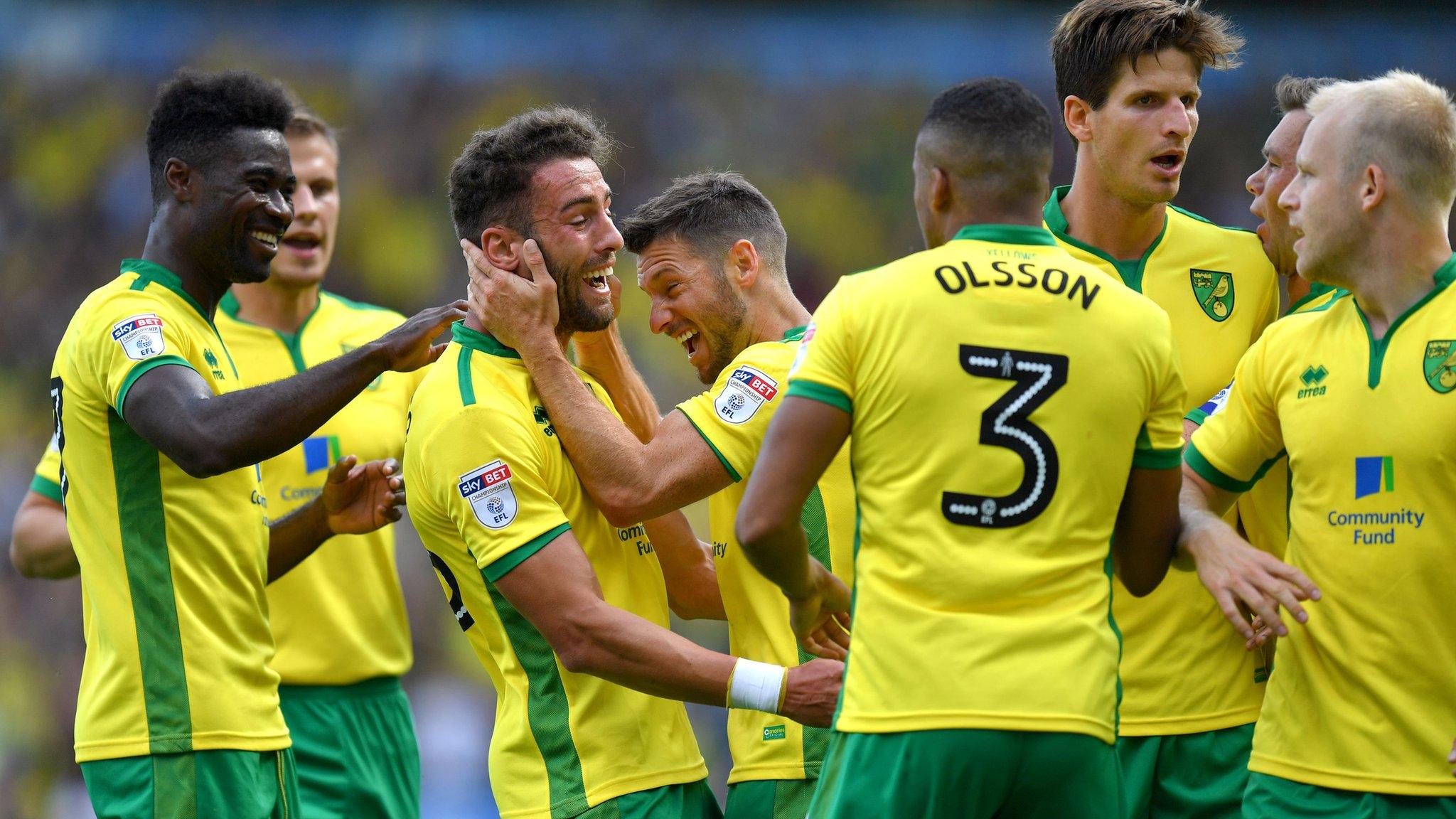 Canaries players help celebrate Wes Hoolahan's strike in Norwich City's 4-1 opening-day win at Ewood Park