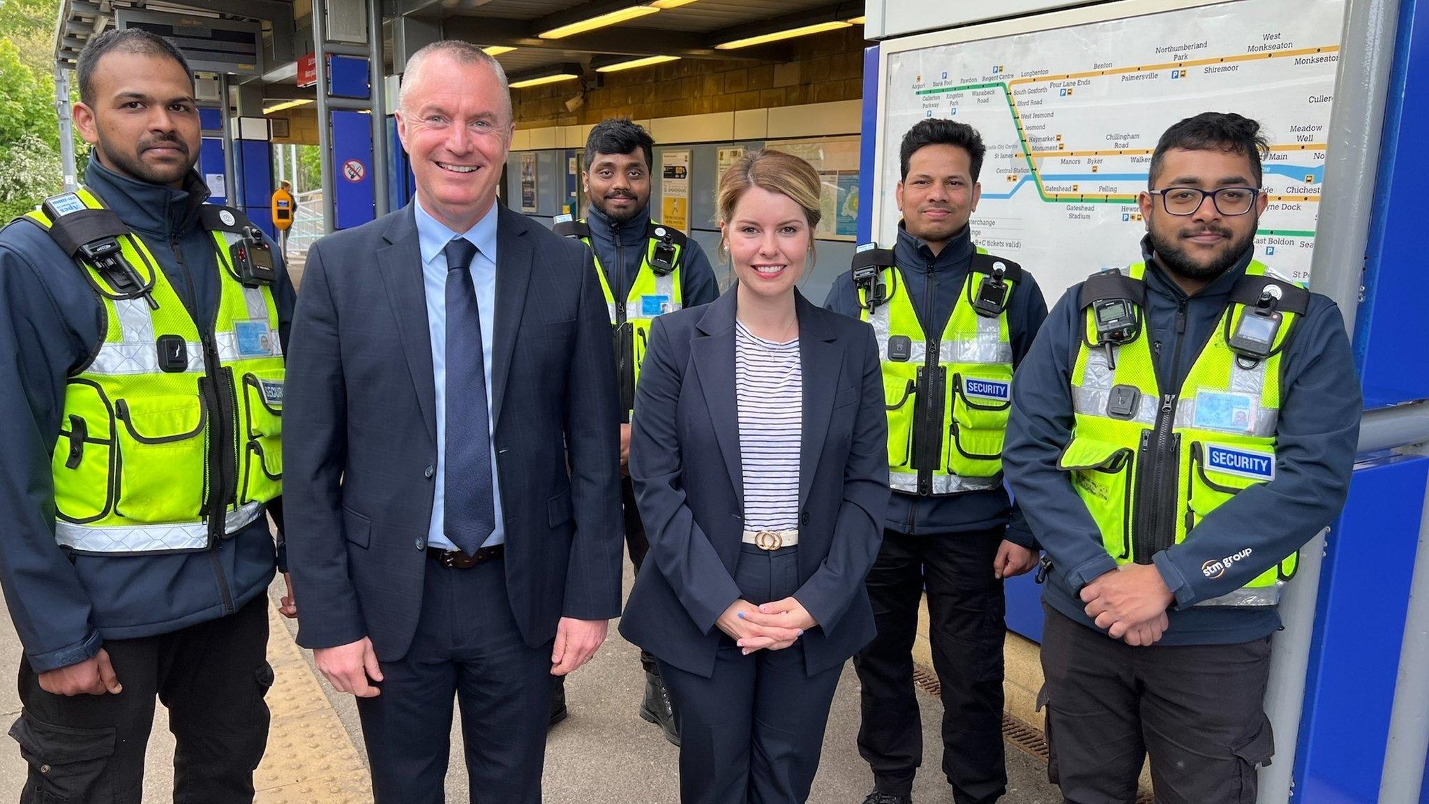 Members of the new Metro Security Team, Nexus MD Martin Kearney and Northumbria PCC Kim McGuinness.