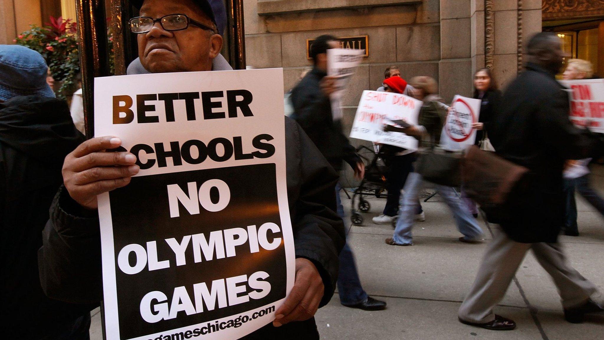 Demonstrators outside City Hall protesting against Chicago's bid to get the 2016 Olympics