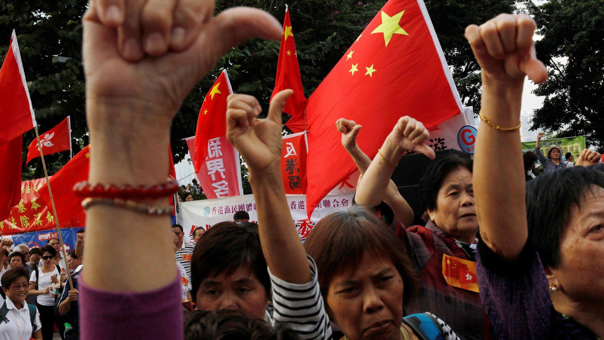 Pro-China supporters show the thumbs down in front of Chinese national flags as they attend an anti-Hong Kong independence rally outside the Legislative Council in Hong Kong, China, November 13, 2016