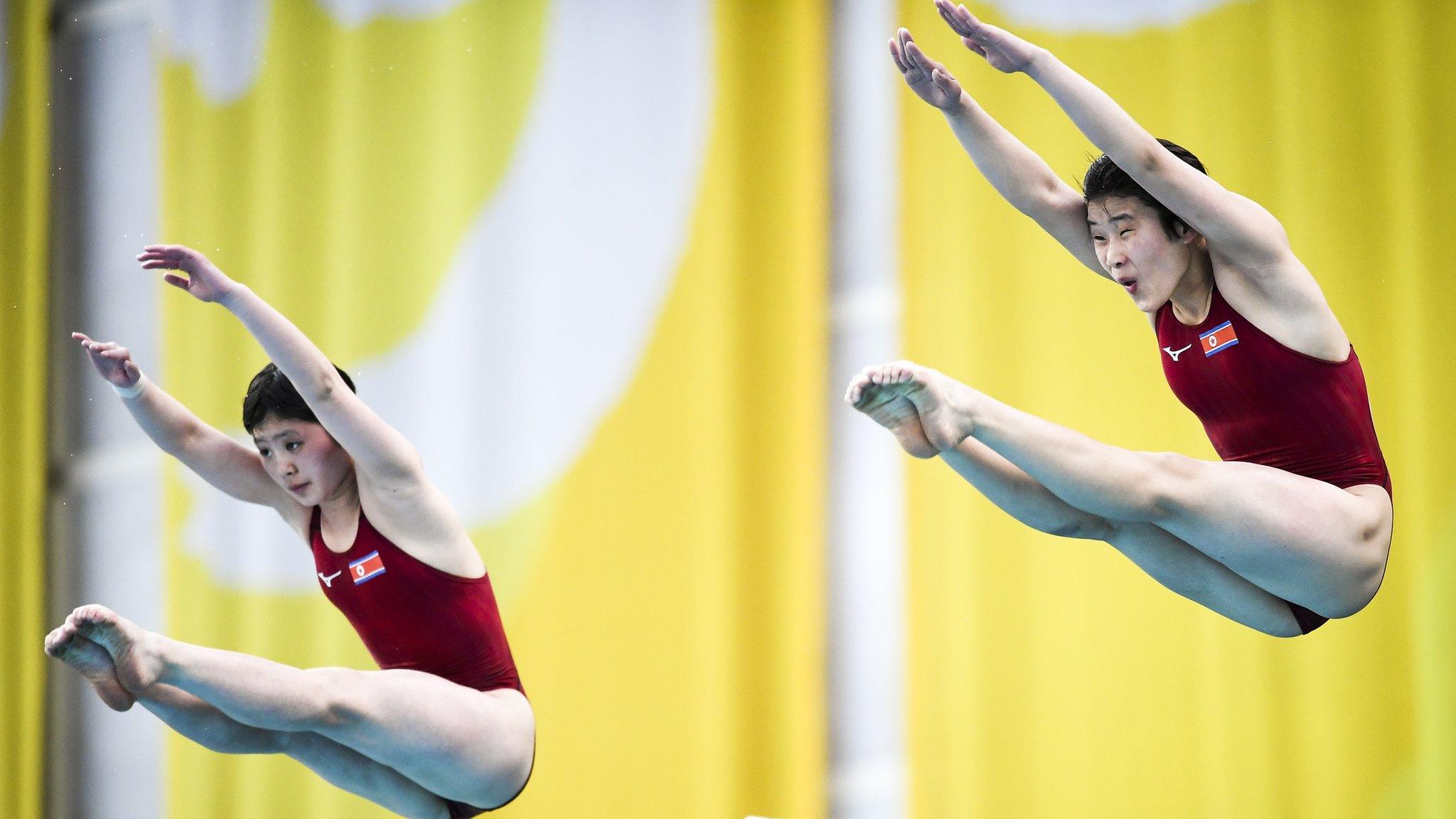 Kim A Rim and Kim Mi Rae compete in the women's 10m platform synchro final at the Diving World Series at the Beijing National Aquatics Centre in Beijing, China