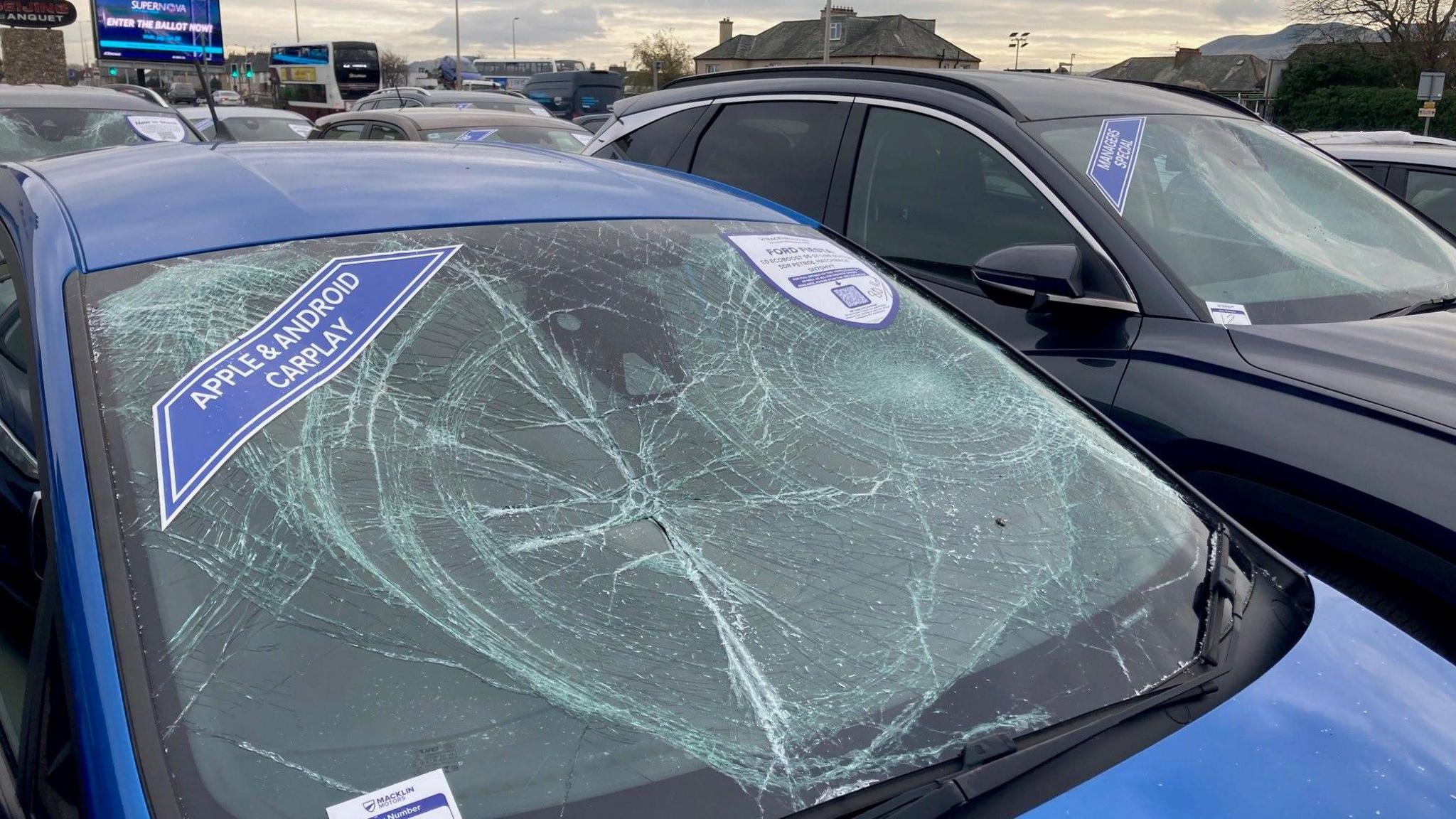 A number of cars parked at a car dealership with a blue and a black car in the foreground. Both car windows have been badly smashed.