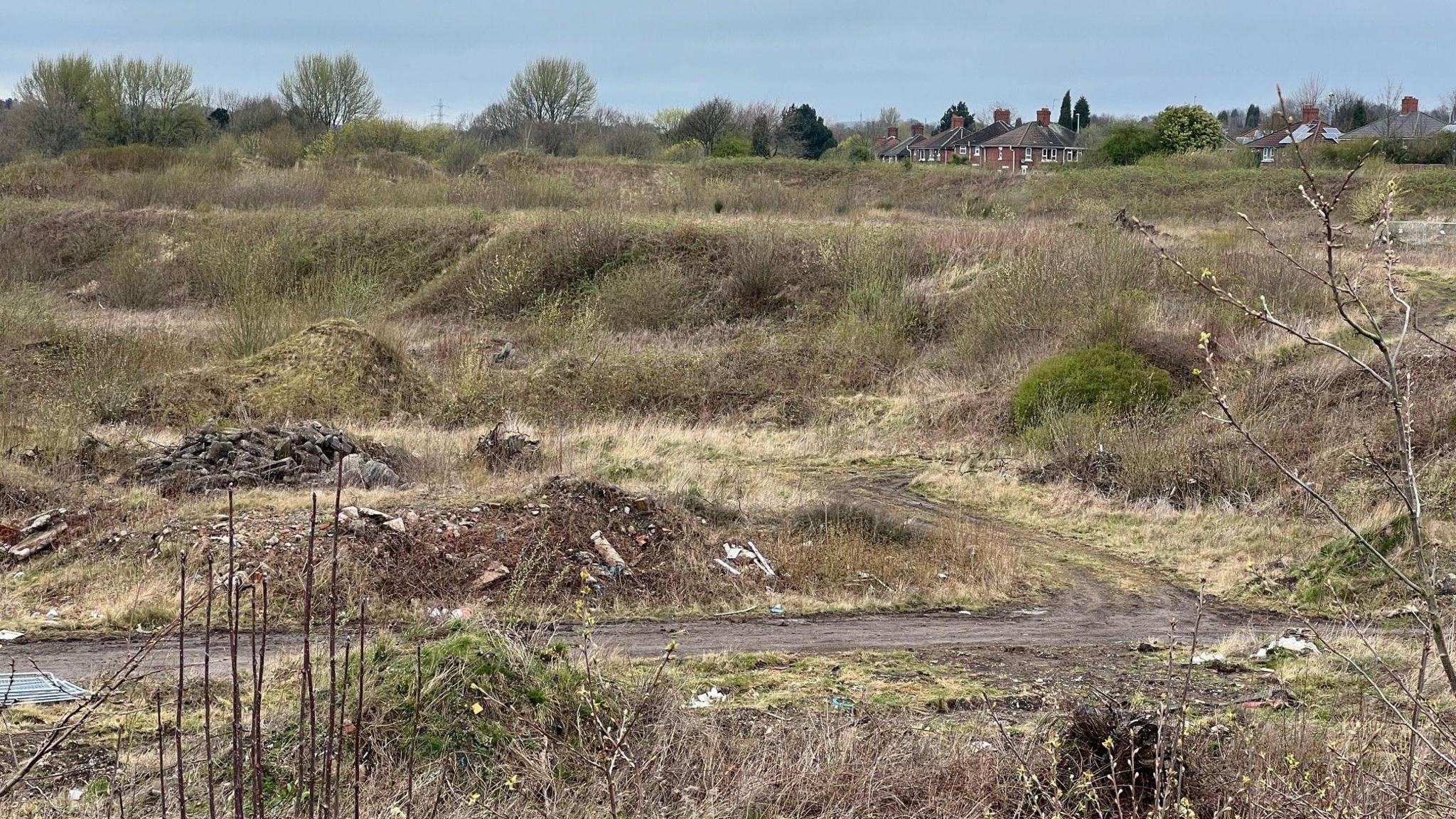 An area of land with vegetation, with houses in the distance.