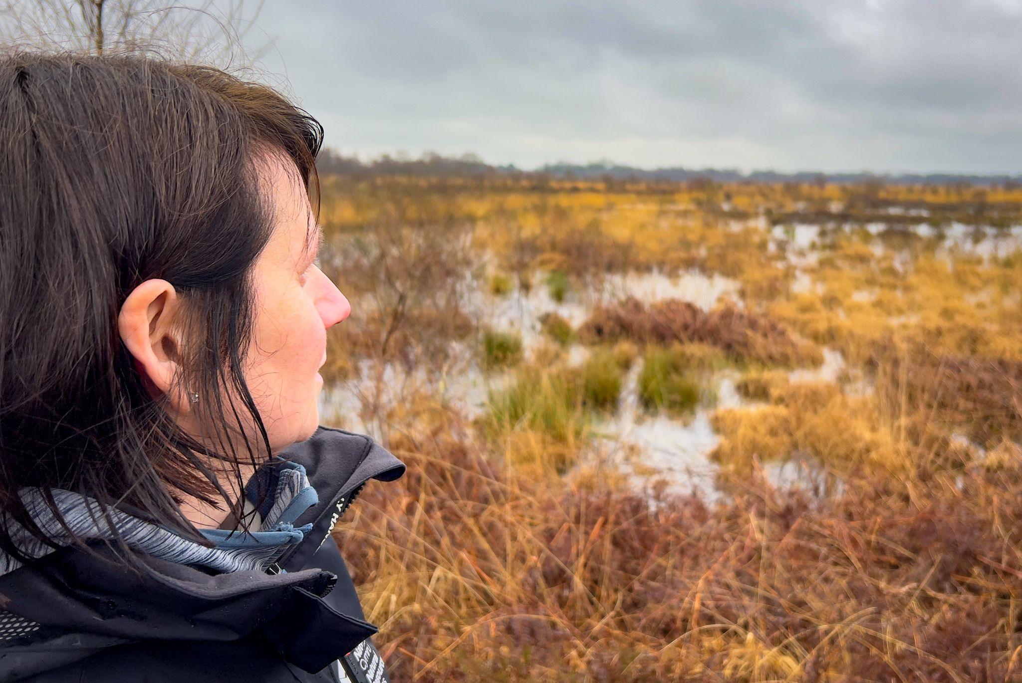 Bethan Beech looking out on a boggy grassy wetland