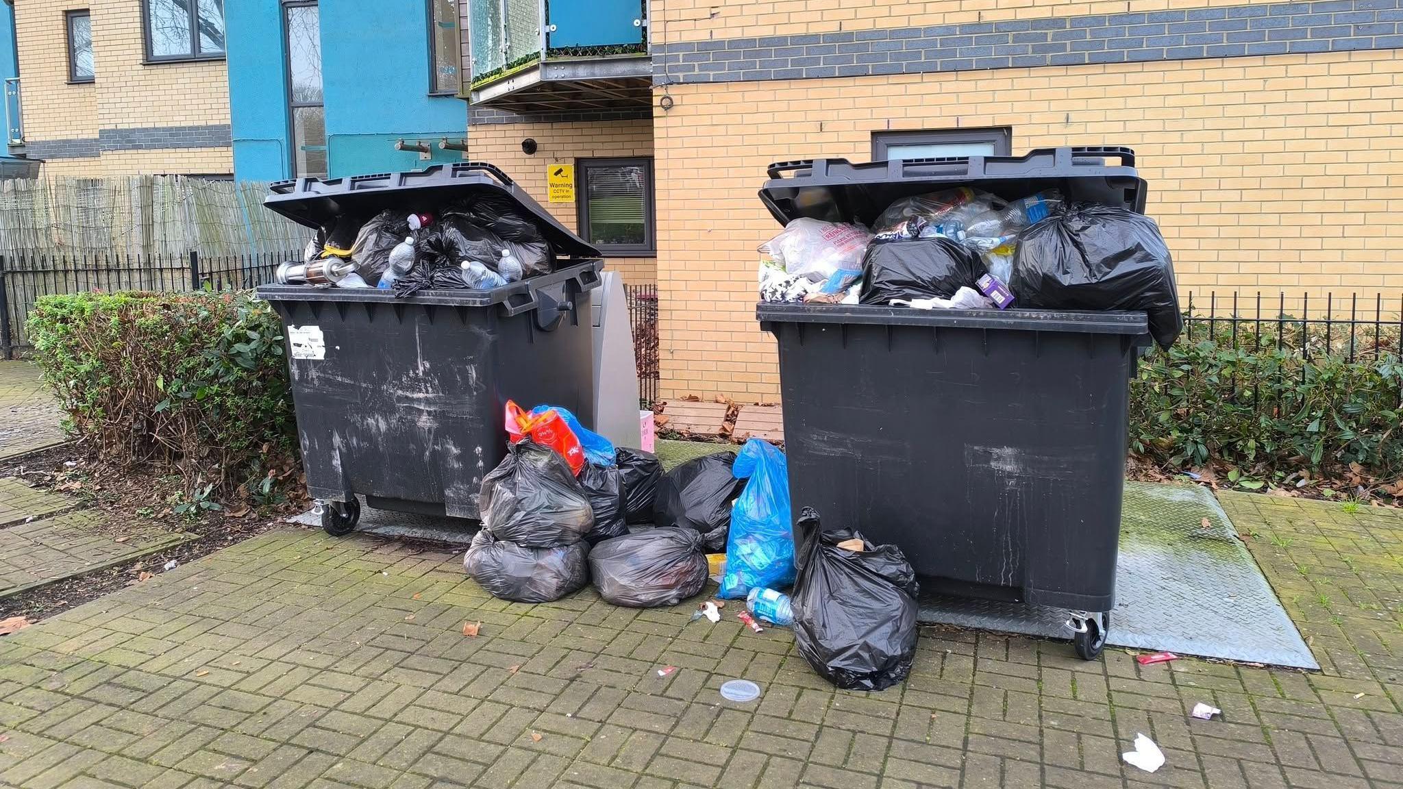 Two large (1100 litre) black wheelie rubbish bins overflowing with bin bags and rubbish and in between them is more rubbish. Behind them is a block of flats, there are some small hedges either side of the bins.