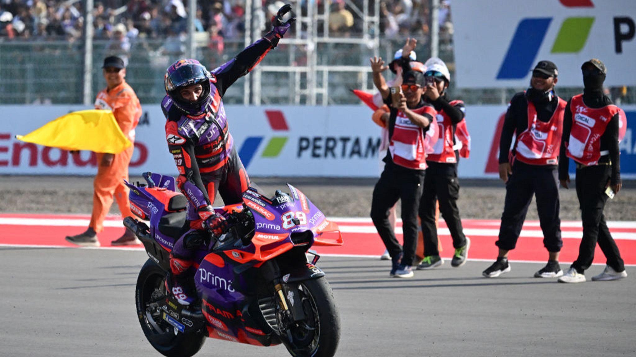 MotoGP leader Jorge Martin celebrates winning the Indonesian Grand Prix