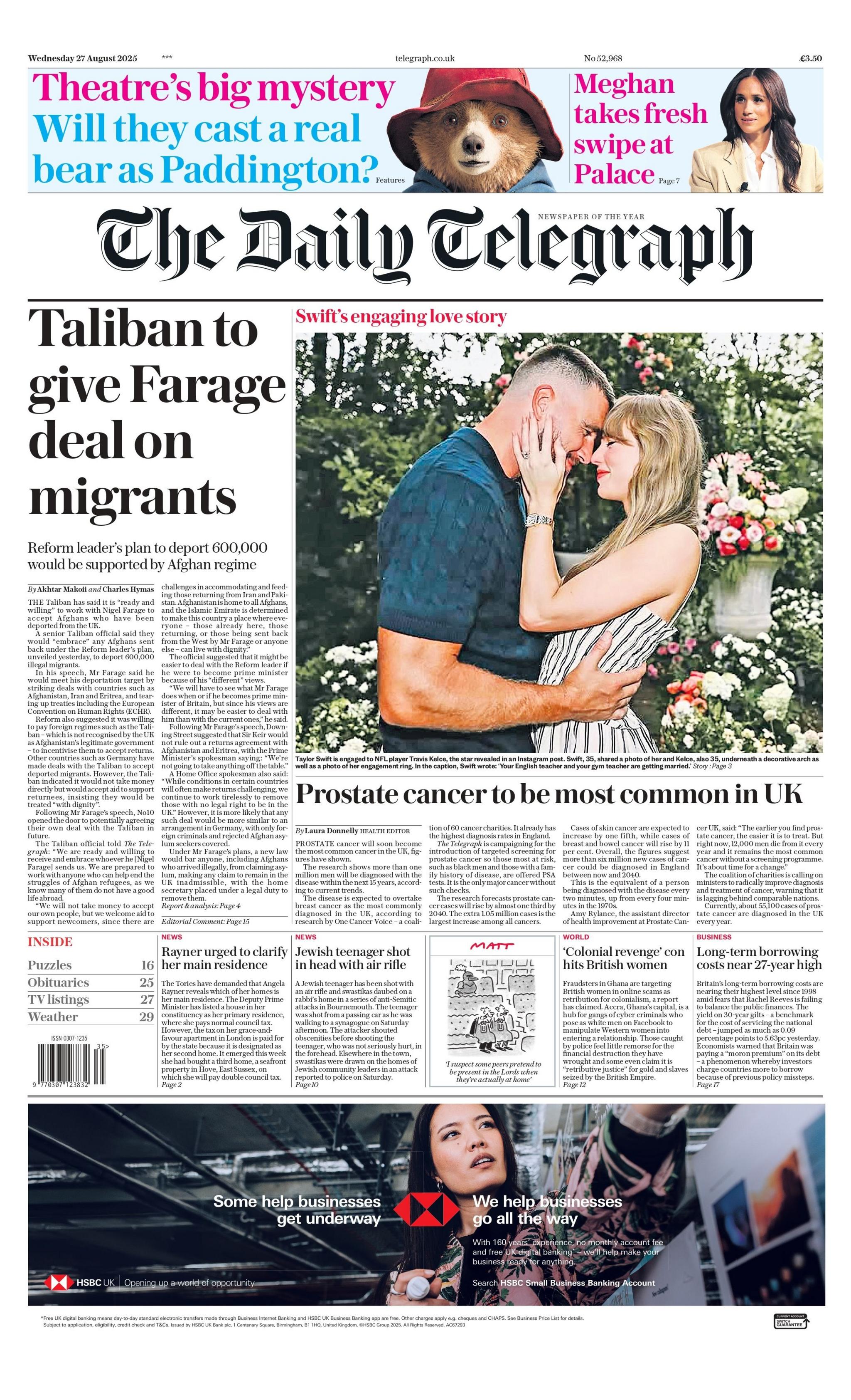 The headline on the front page of the Daily Telegraph reads: "Taliban to give Farage deal on migrants".