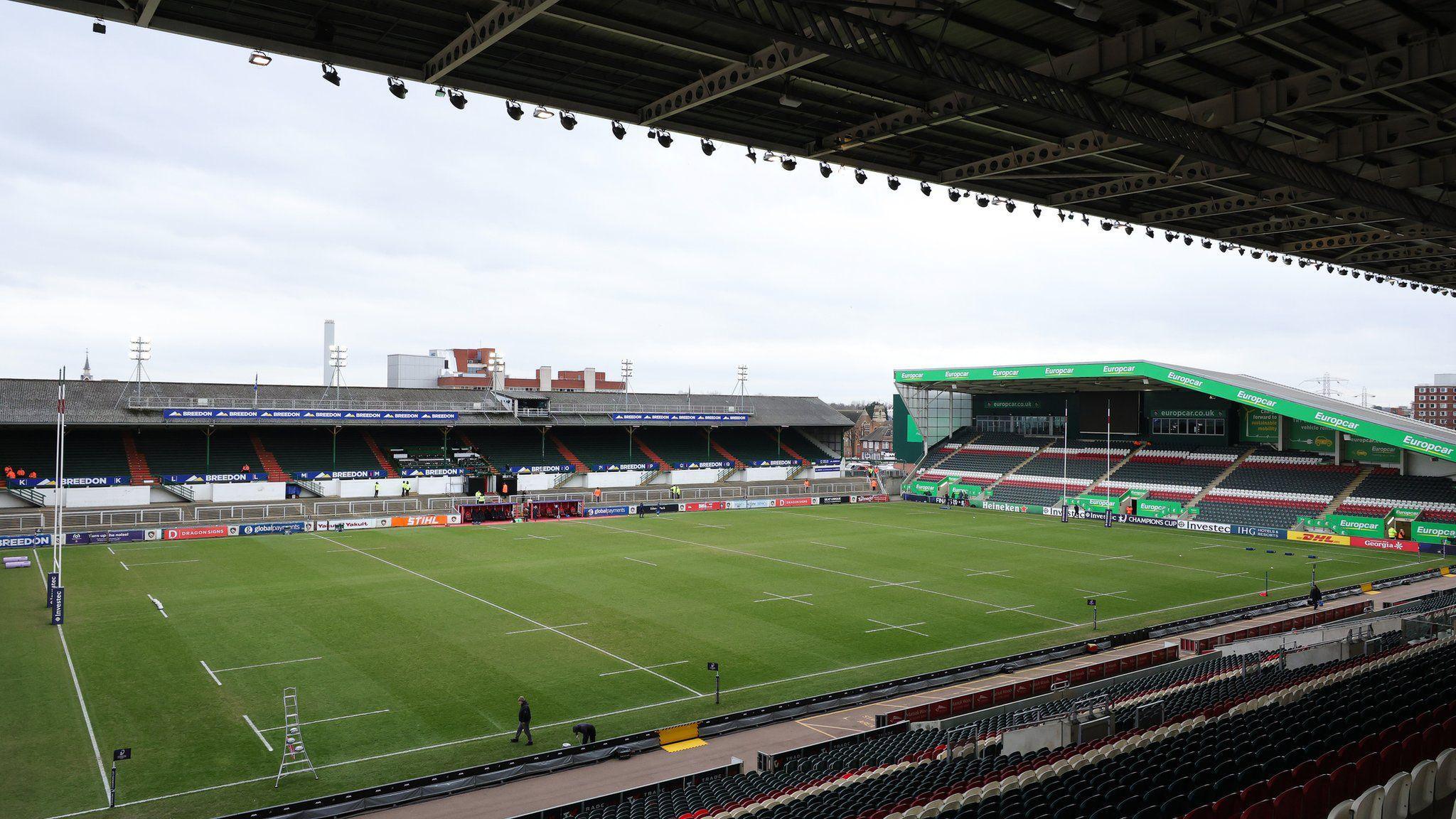 A view of the empty pitch from a stand at the Tigers stadium, with the Breedon Stand shown