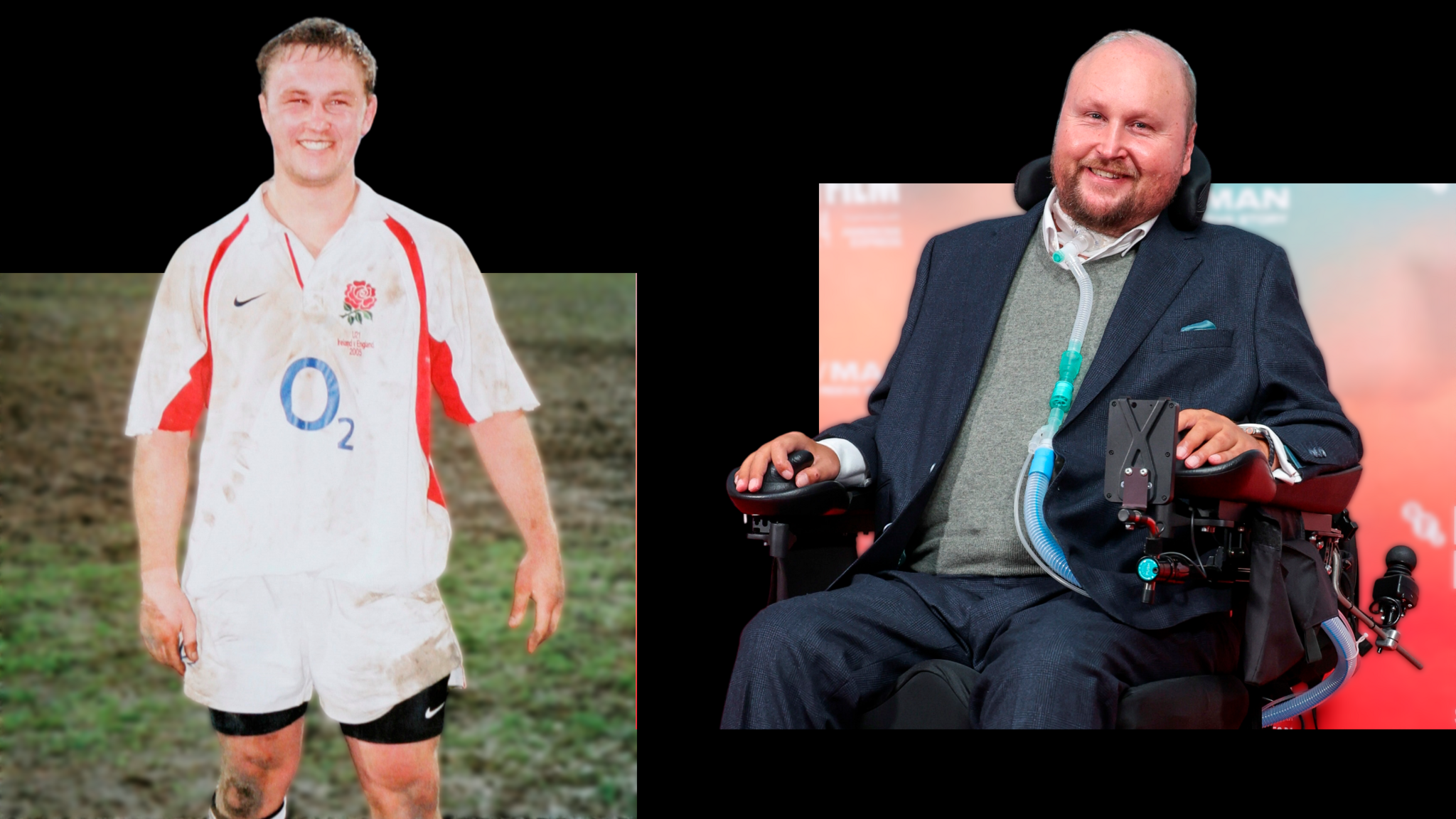 Image graphic of Matt Hampson as a rugby player and recently pictured attending a film premier in London