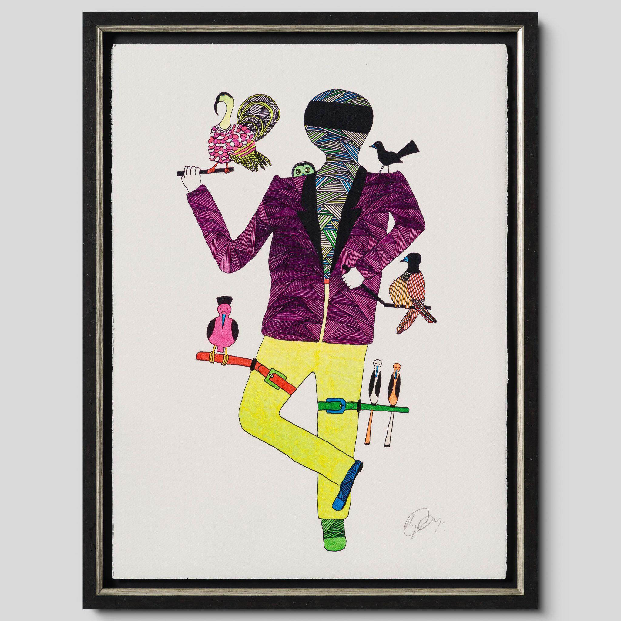 The painting shows a person with no features wearing a purple jacket and yellow trousers. Straps on his legs and arms have birds perched on them. All the birds are colourful.