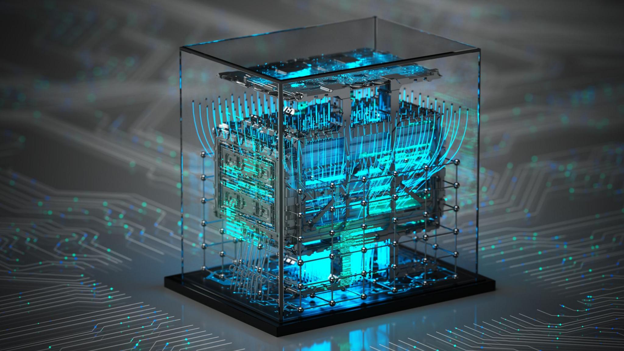 A blue and green image referring to quantum computing