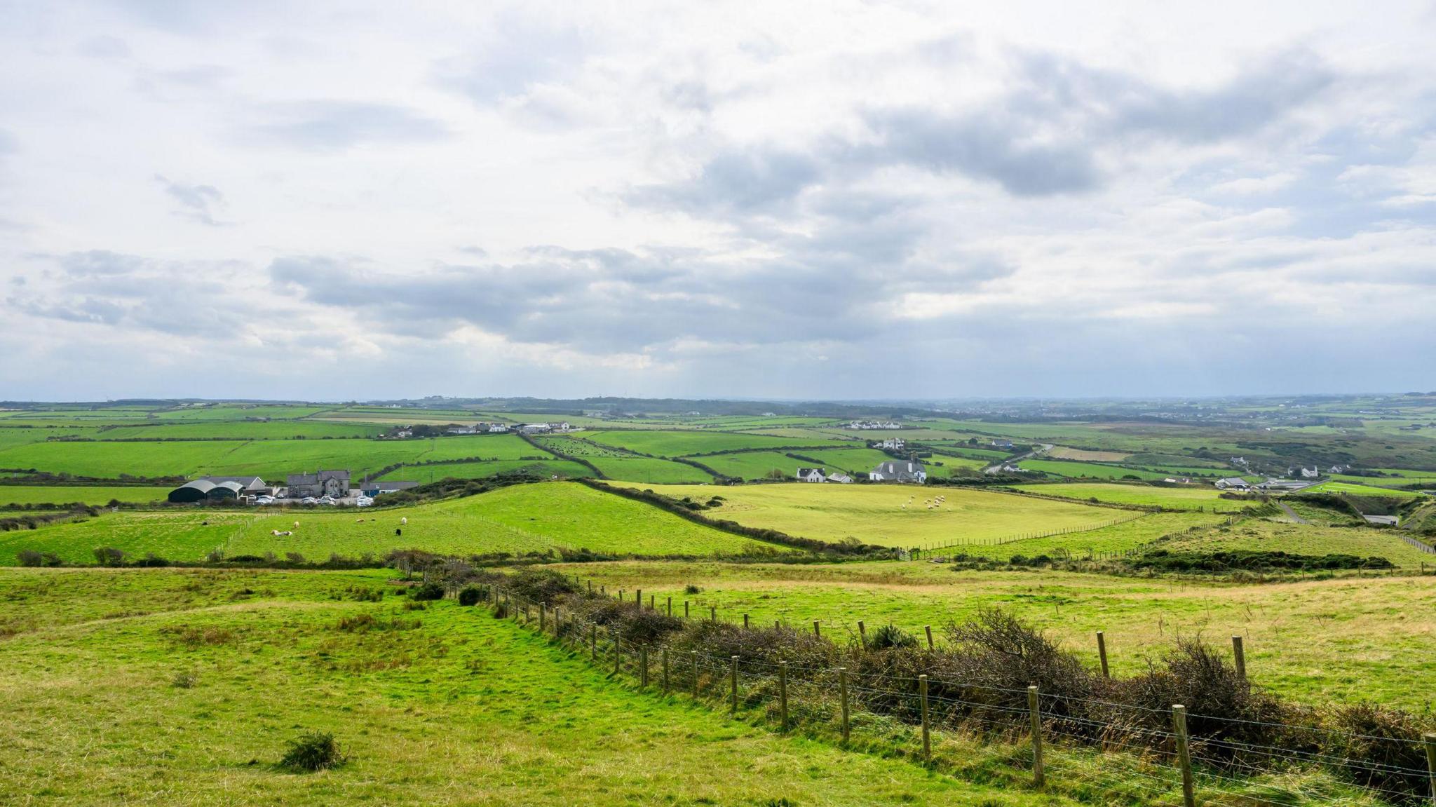 Fields of green grass with houses and farmland in the distance. Alongside the borders of the fields is fencing.