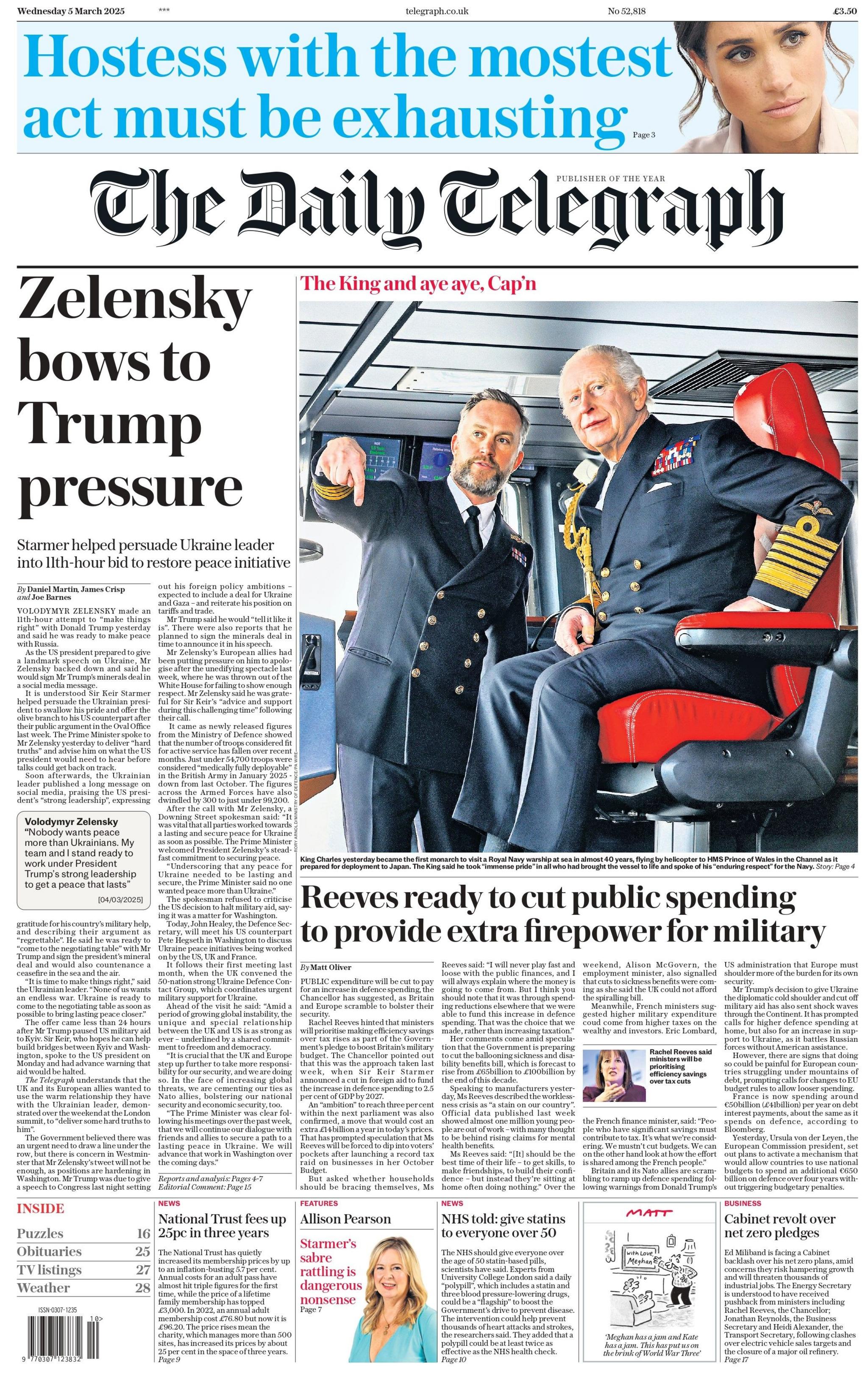 The headline on the front page of the Daily Telegraph reads: "Zelensky bows to Trump pressure."