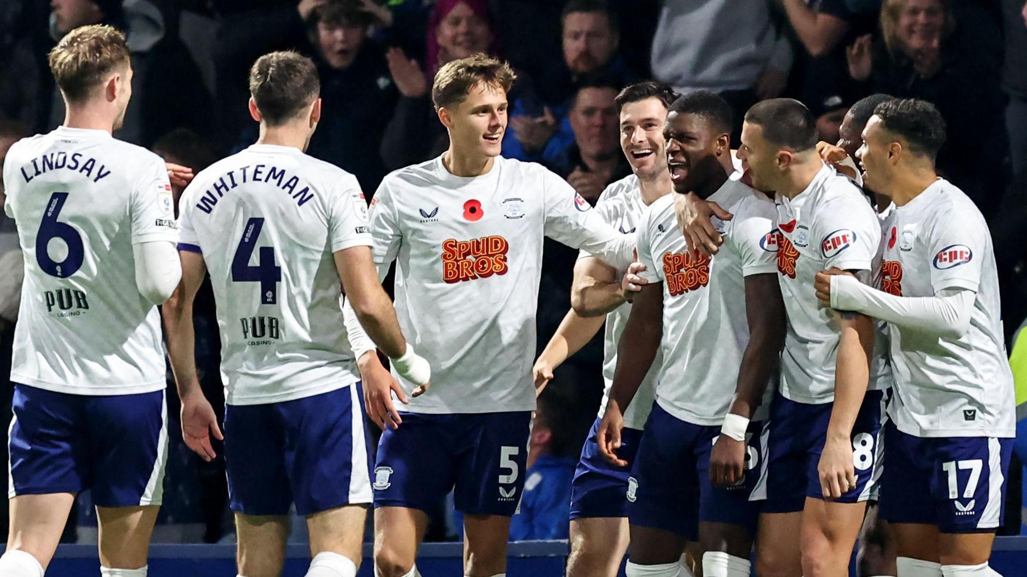 Preston players celebrate Thierry Small's goal 