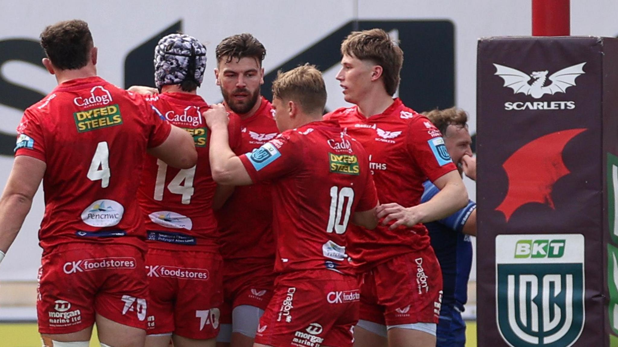 Scarlets players celebrate scoring a try against Leinster in Llanelli