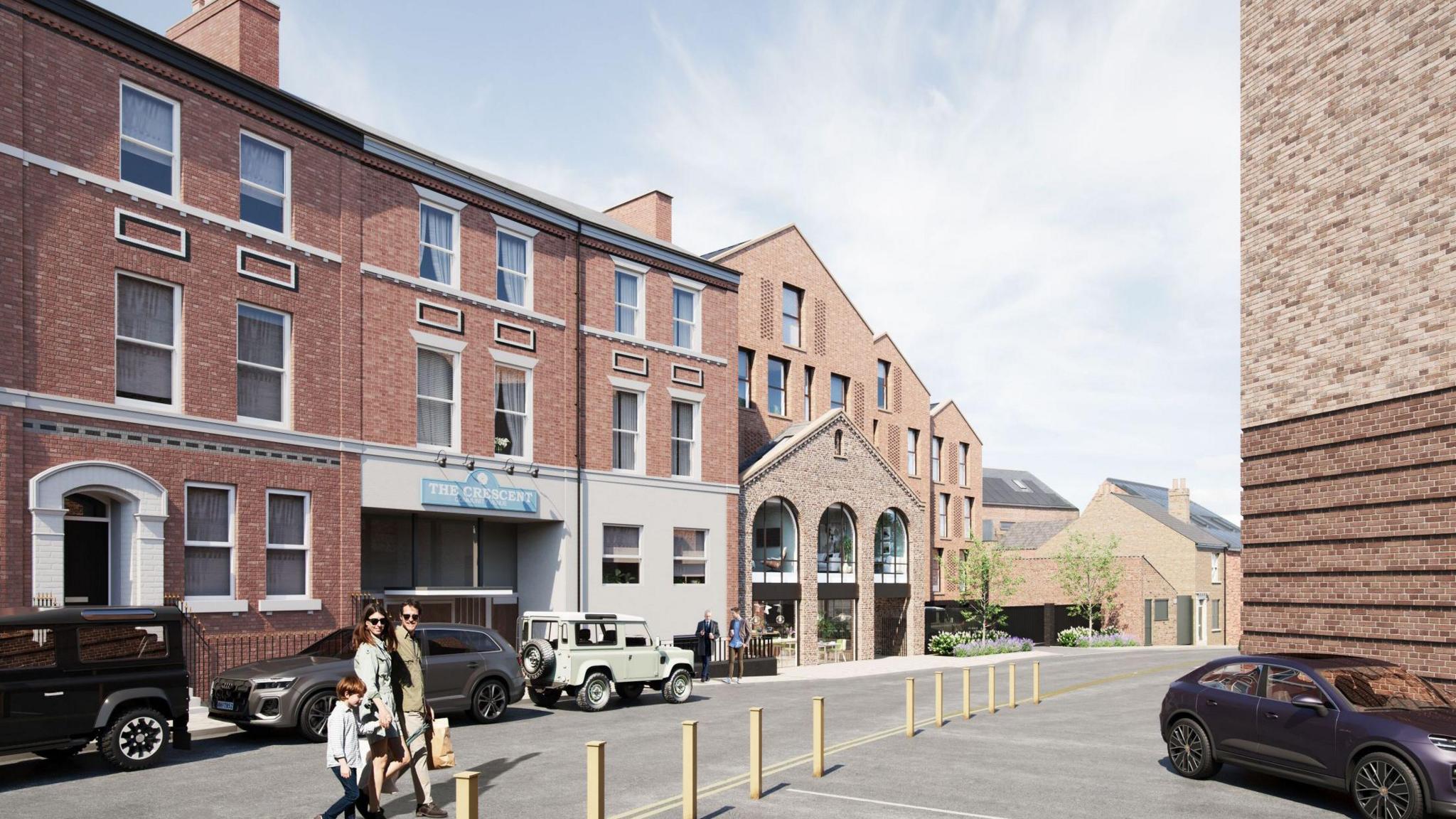 An artist impression showing The Crescent venue on the left with a new development to the right of it. There are cars parked in front of the venue and a family crossed the street.