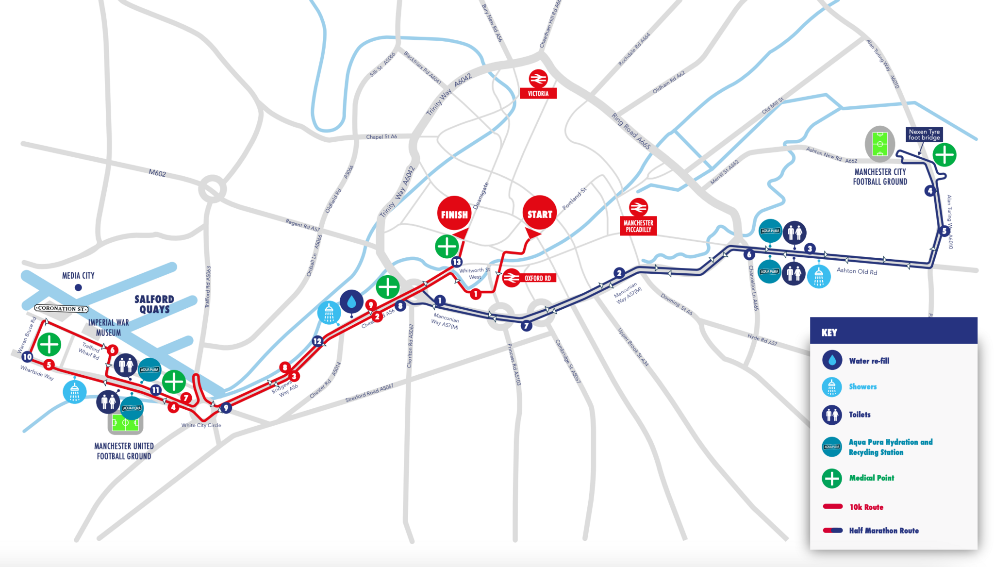 A map showing both routes, the start and finish points, toilets, showers, medical aid stations, and landmarks - including Manchester United football ground