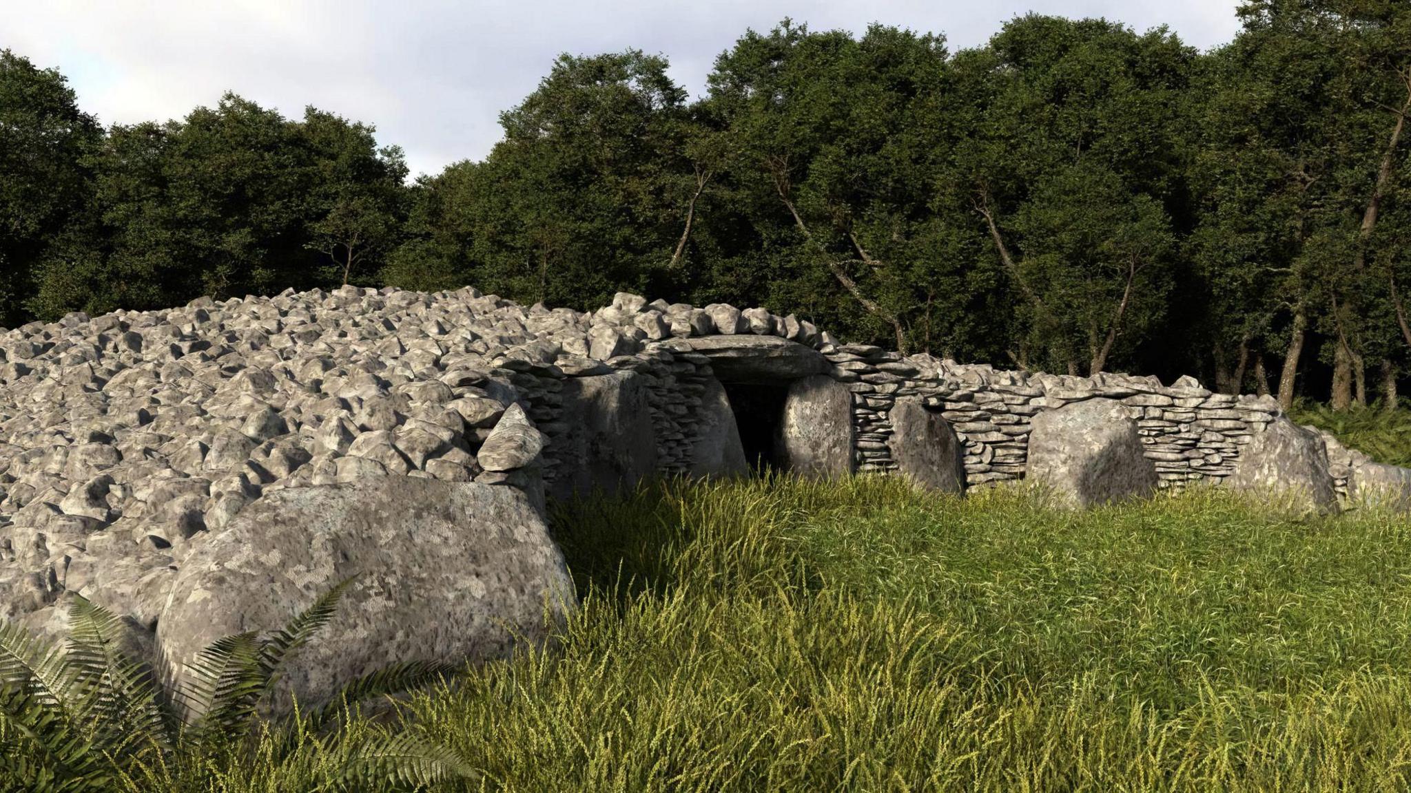 A 3D video recreation of a chambered cairn burial site in Galloway built out of stone on grass with trees in the background
