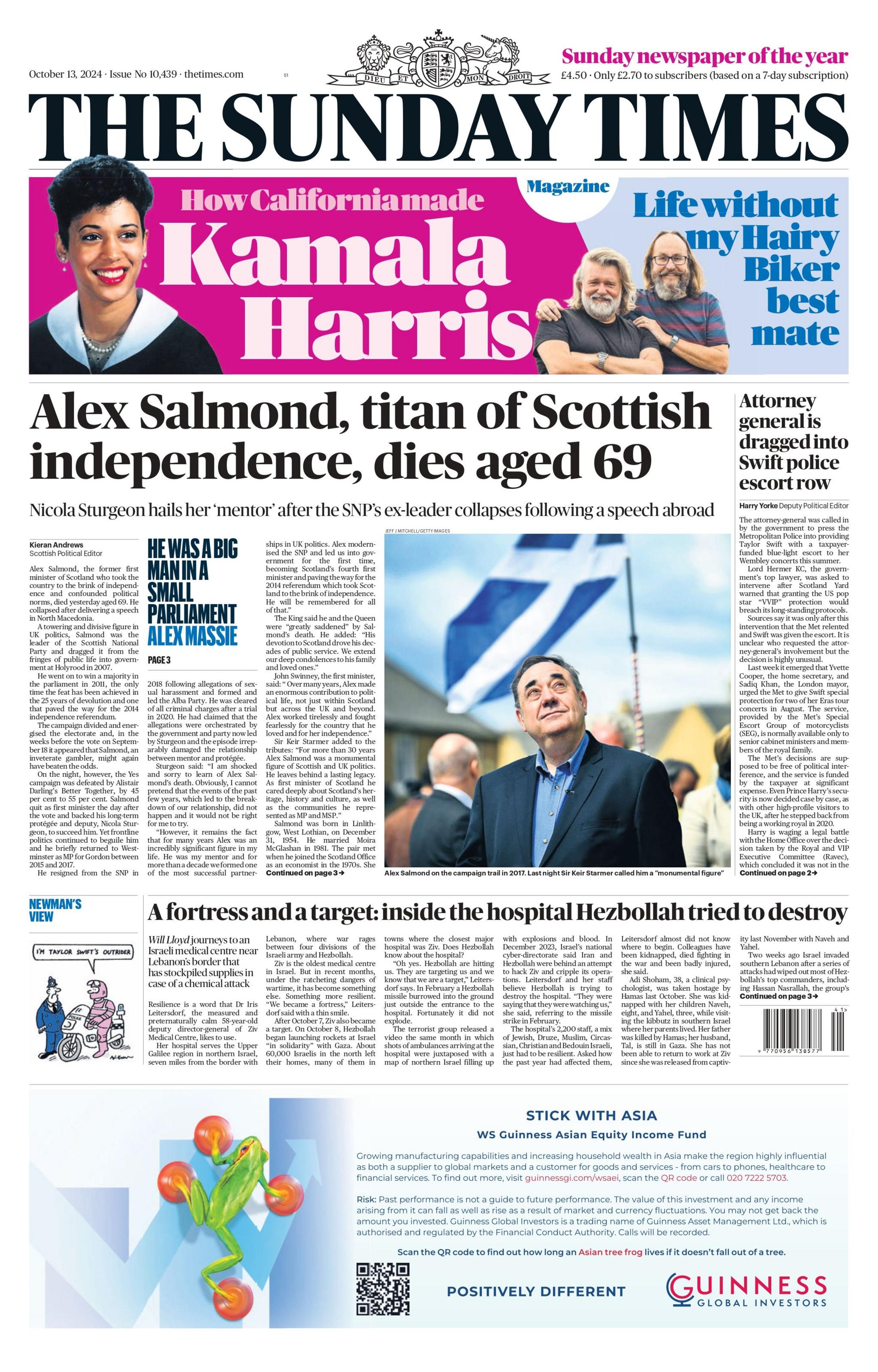 The Sunday Times headline reads: "Alex Salmond, titan of Scottish independence, dies aged 69" 