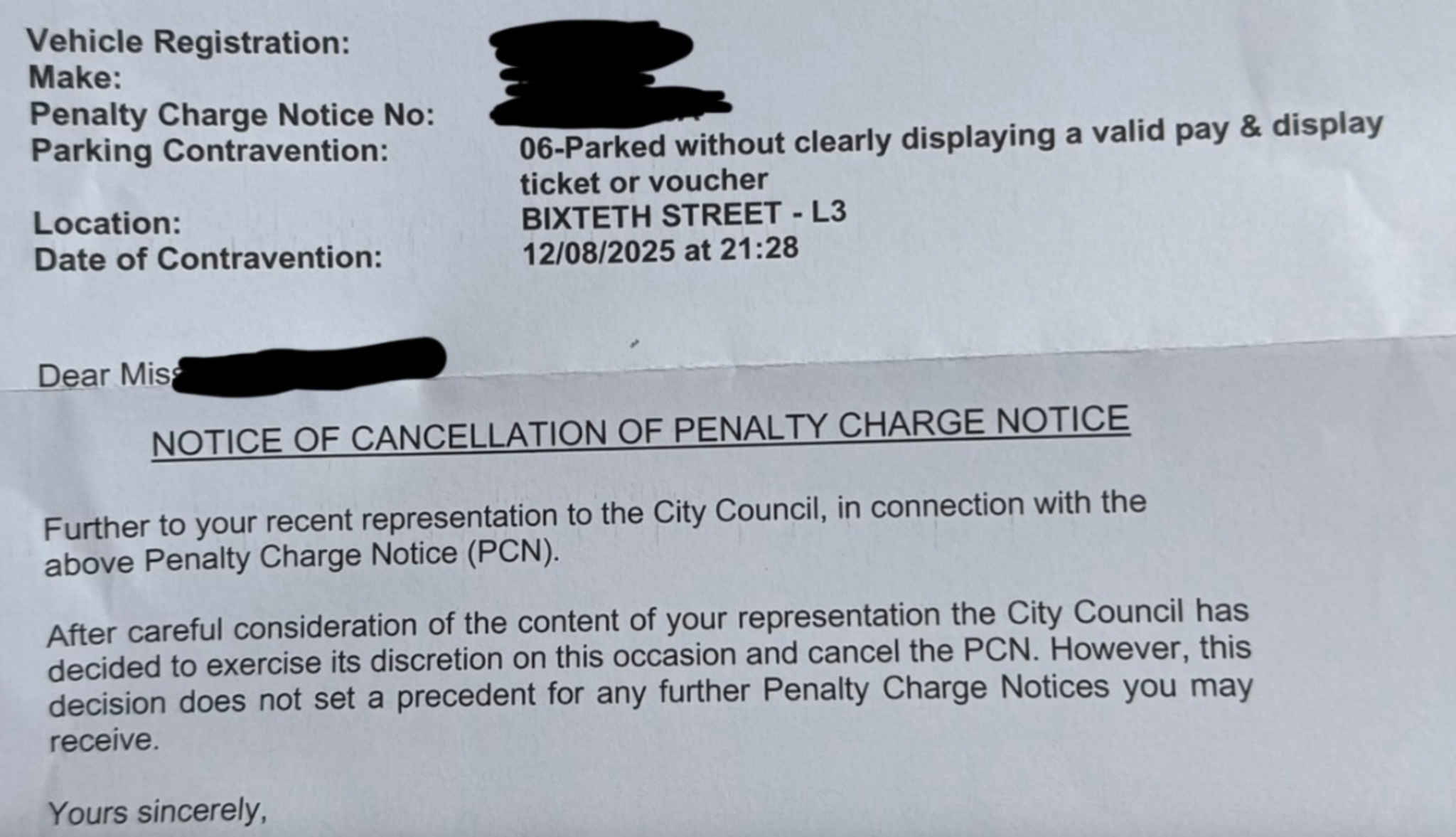 Letter from Liverpool City Council confirming cancellation of a parking fine, stating it does not set a precedent for future parking fines that the recipient, whose name has been blacked out to mask their identity, may receive