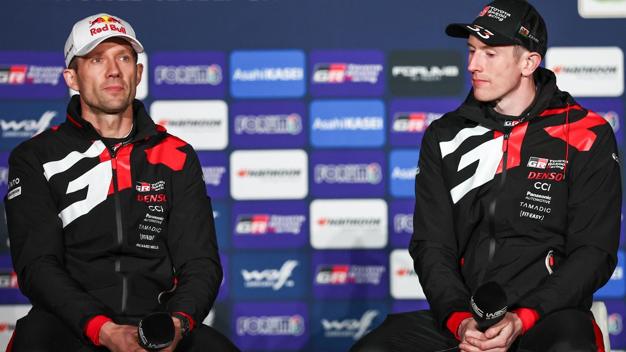 Sebastien Ogier (left) and Elfyn Evans (right) speak to the media during the rally