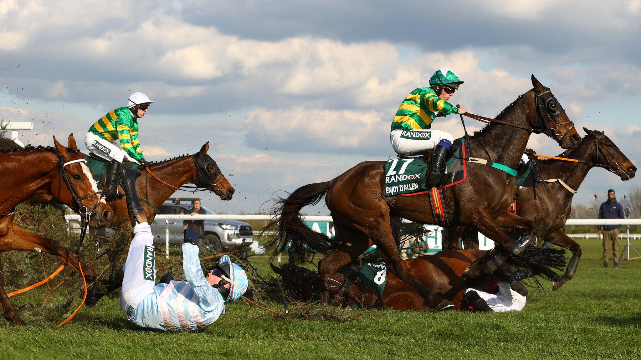 Peter Carberry riding Gabbys Cross falls off during the Randox Grand National