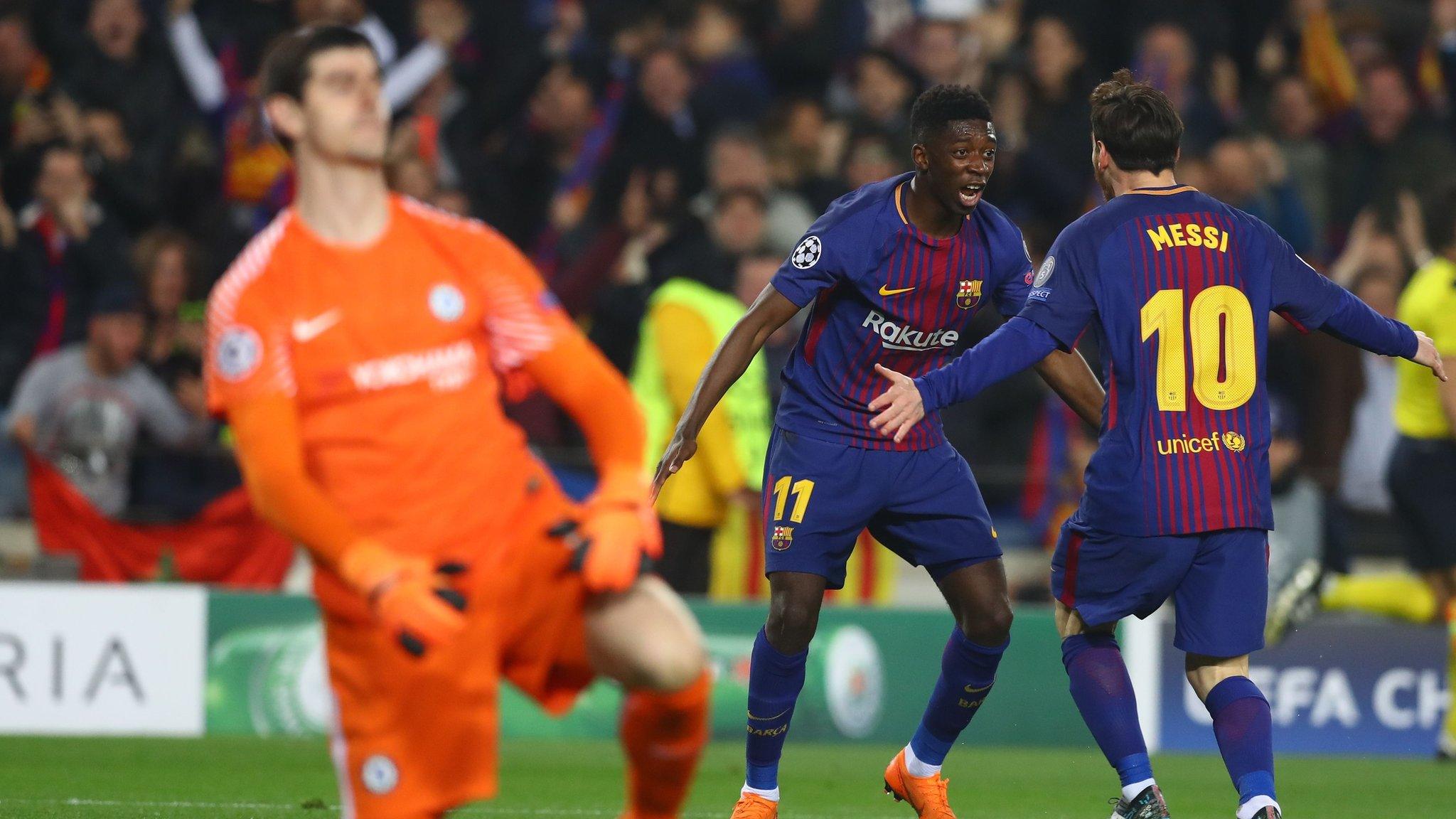 Lionel Messi celebrates scoring for Barcelona against Chelsea in the Champions League