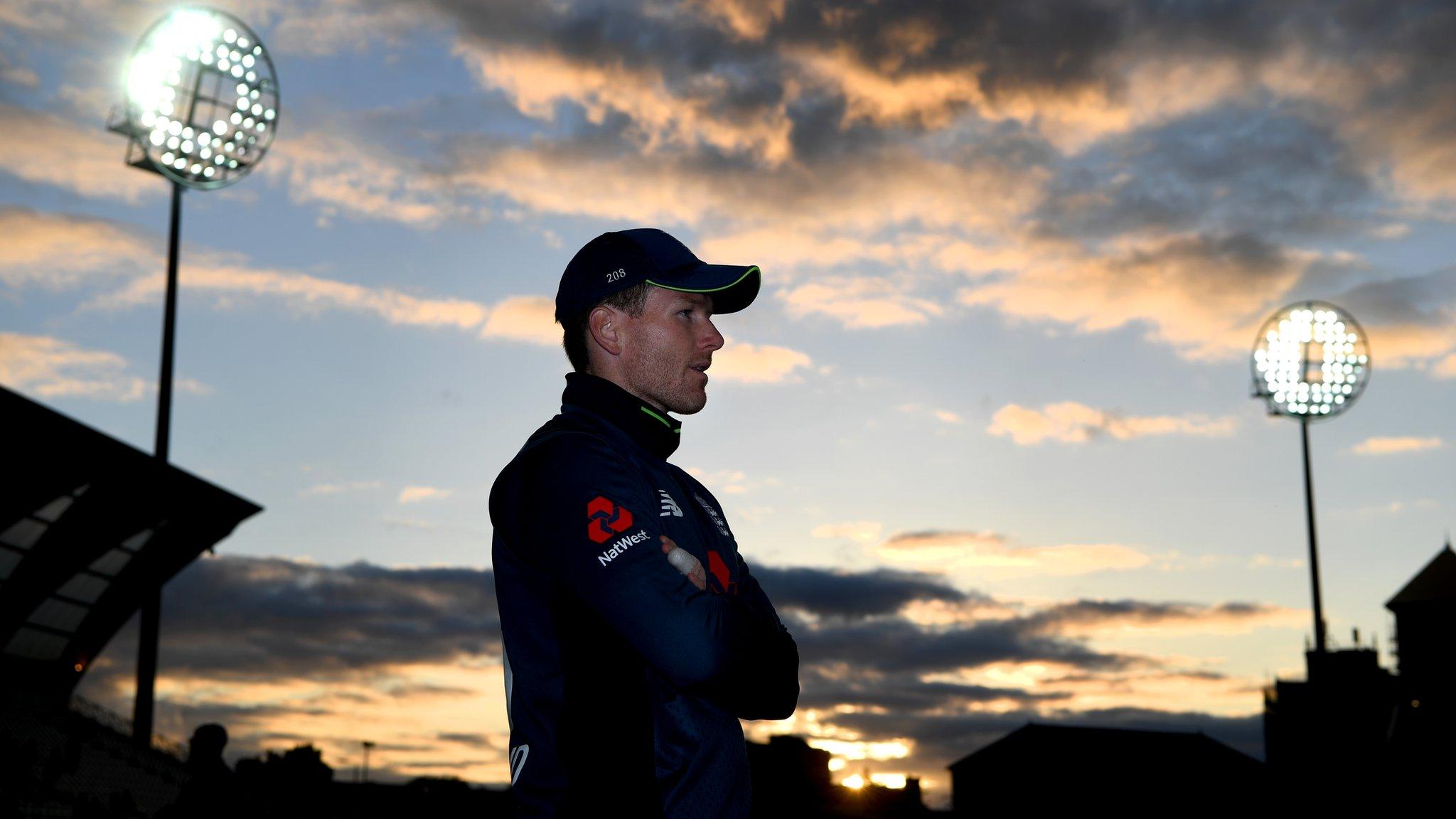 NOTTINGHAM, ENGLAND - JUNE 19: England captain Eoin Morgan watches the post match presentations after winning the 3rd Royal London ODI match between England and Australia at Trent Bridge on June 19, 2018 in Nottingham, England. (Photo by Gareth Copley/Getty Images)
