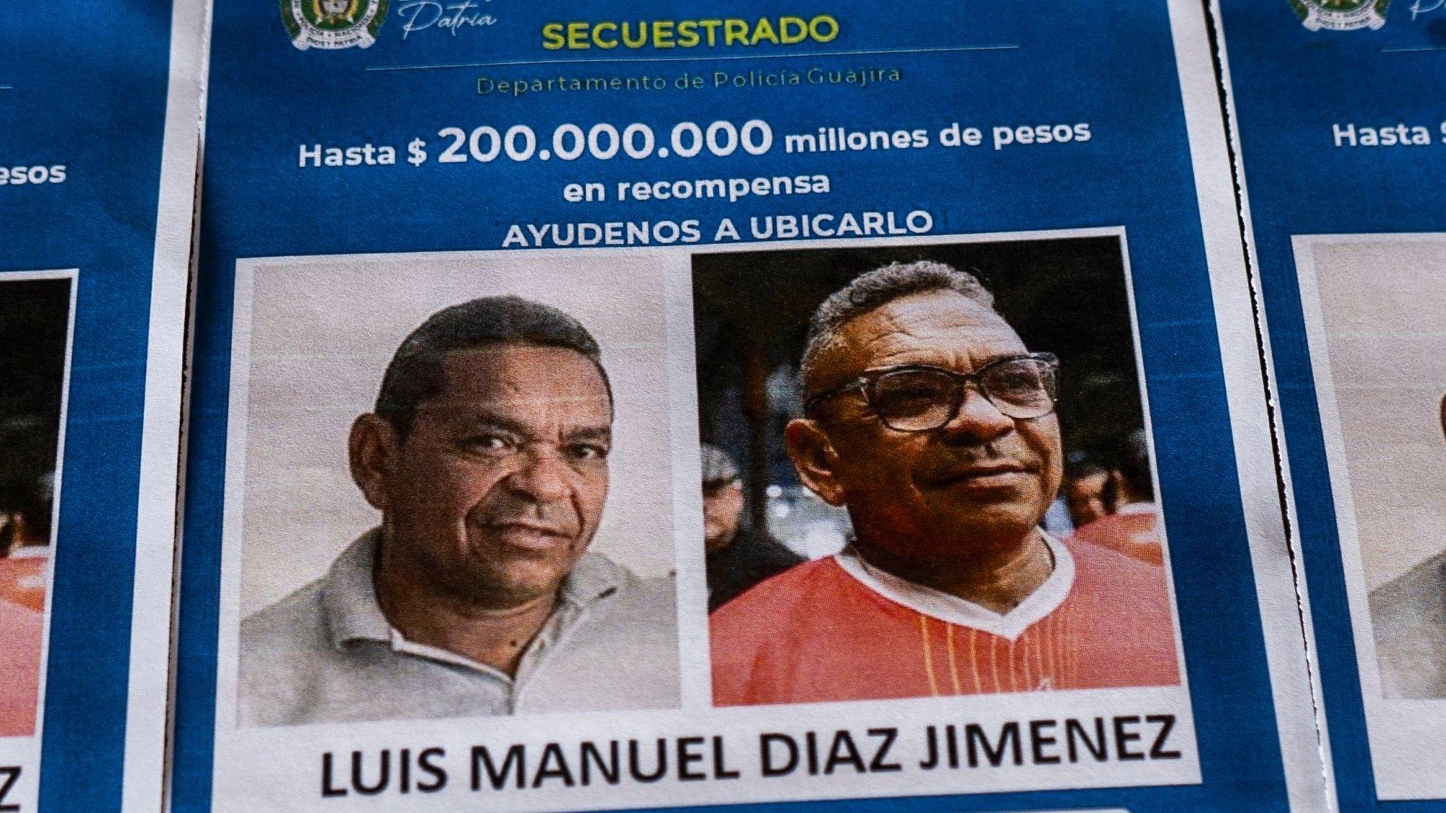 View of pamphlets asking for information about the whereabouts of the father of Liverpool's Colombian forward Luis Diaz in Barrancas, Colombia on November 1, 2023.