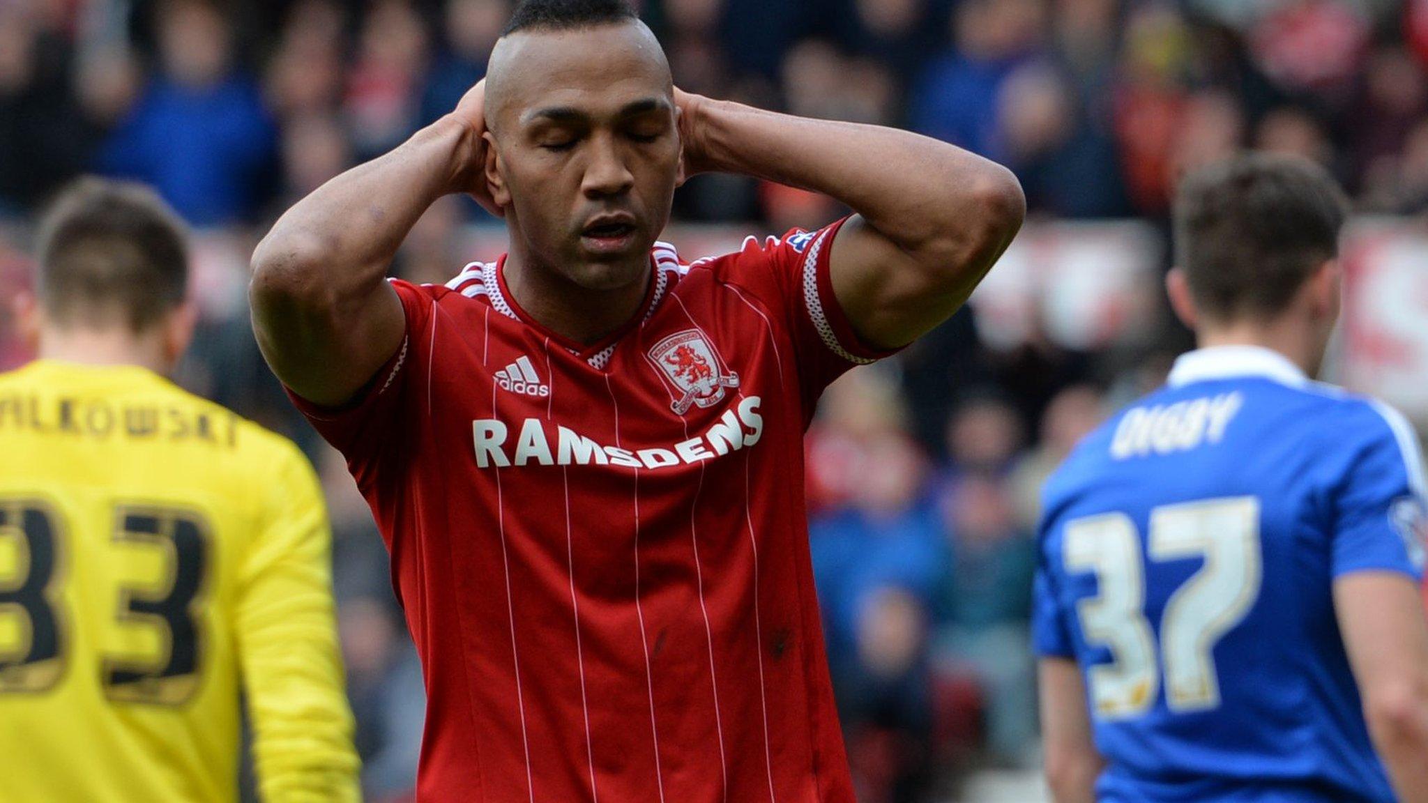 Middlesbrough's Emilio Nsue shows his disappointment after missing a chance against Ipswich