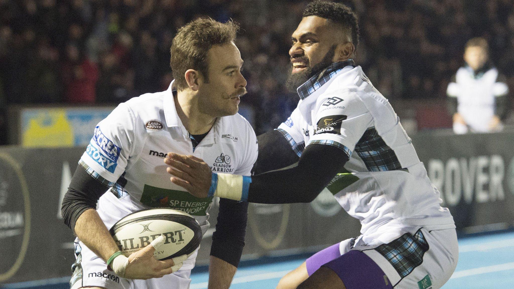 Ruaridh Jackson celebrates with Niko Matawalu after scoring a try for Glasgow Warriors against Cardiff Blues