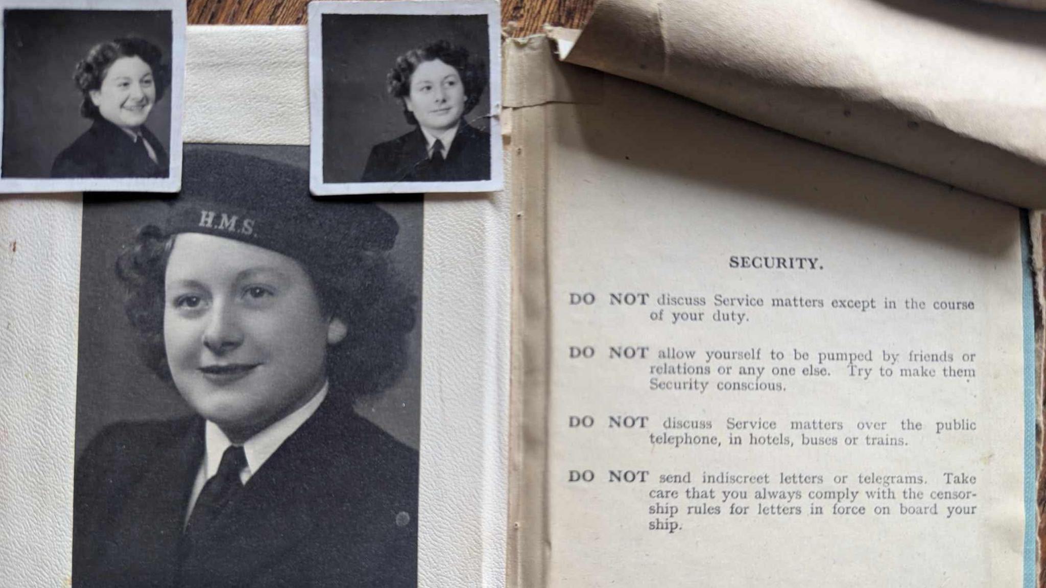 A large black and white photograph of a young, smiling girl in a hat. The letters H.M.S feature on its front.
Two smaller images are attached to each corner. Next to the images is a document that is titled "Security" and lists rules.
