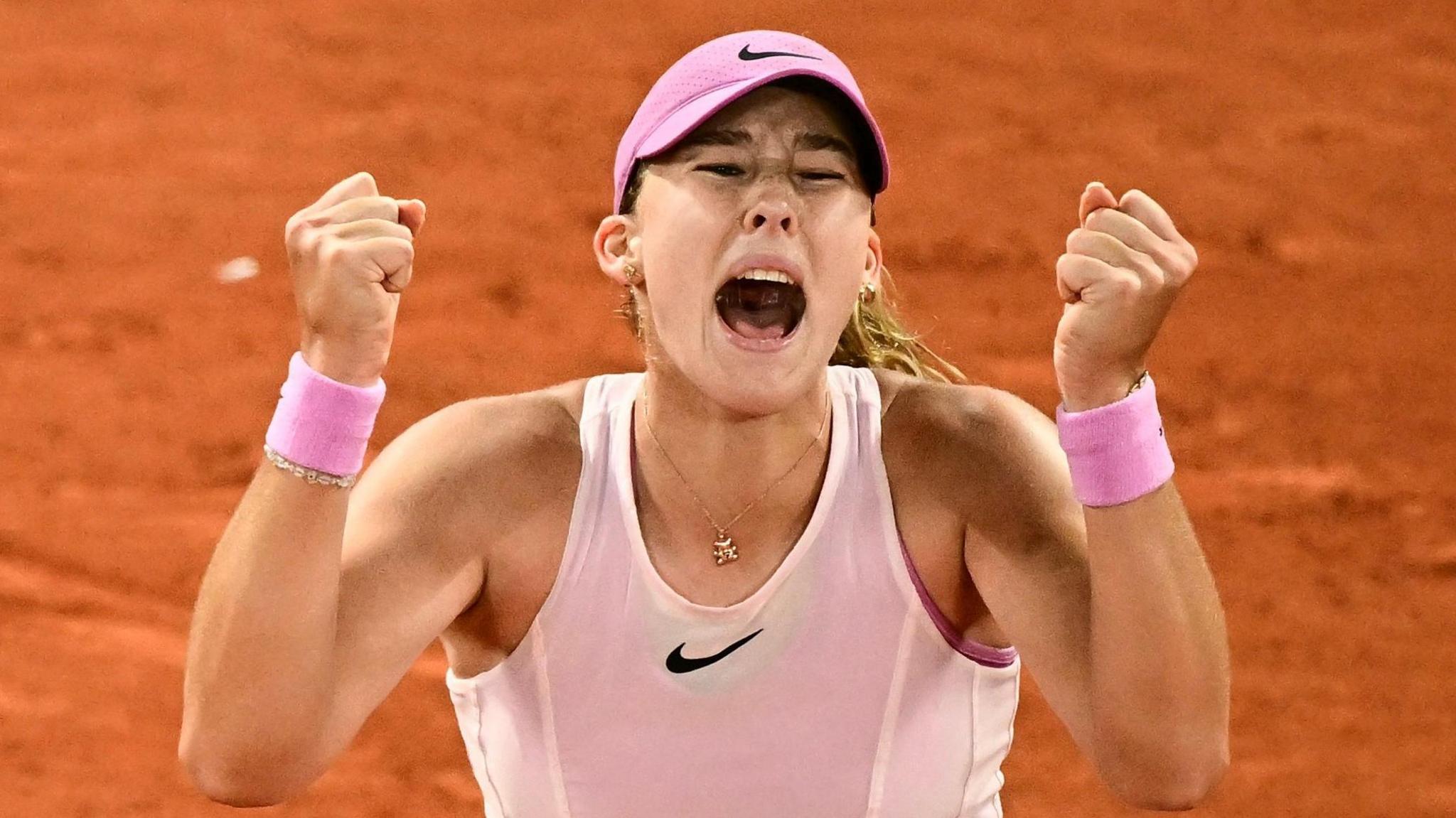 Mirra Andreeva celebrates reaching the French Open final