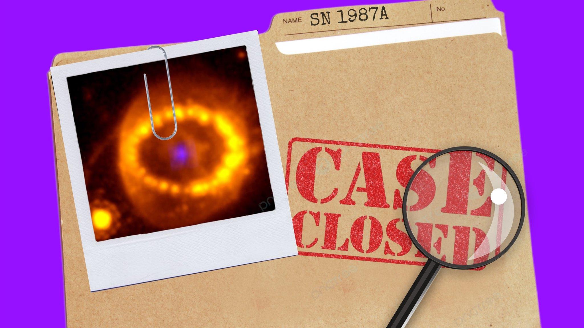 A casefile with a picture of the neutron star and case closed stamped onto the folder with a magnifying glass.