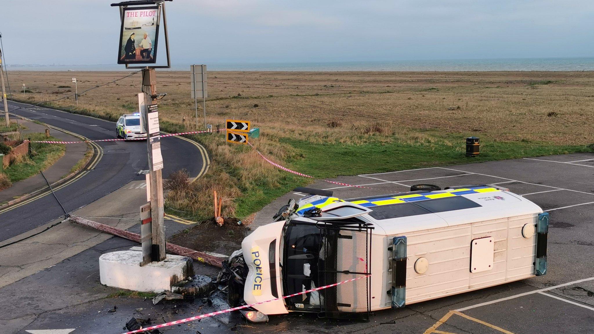 Overturned police van on Romney Marsh