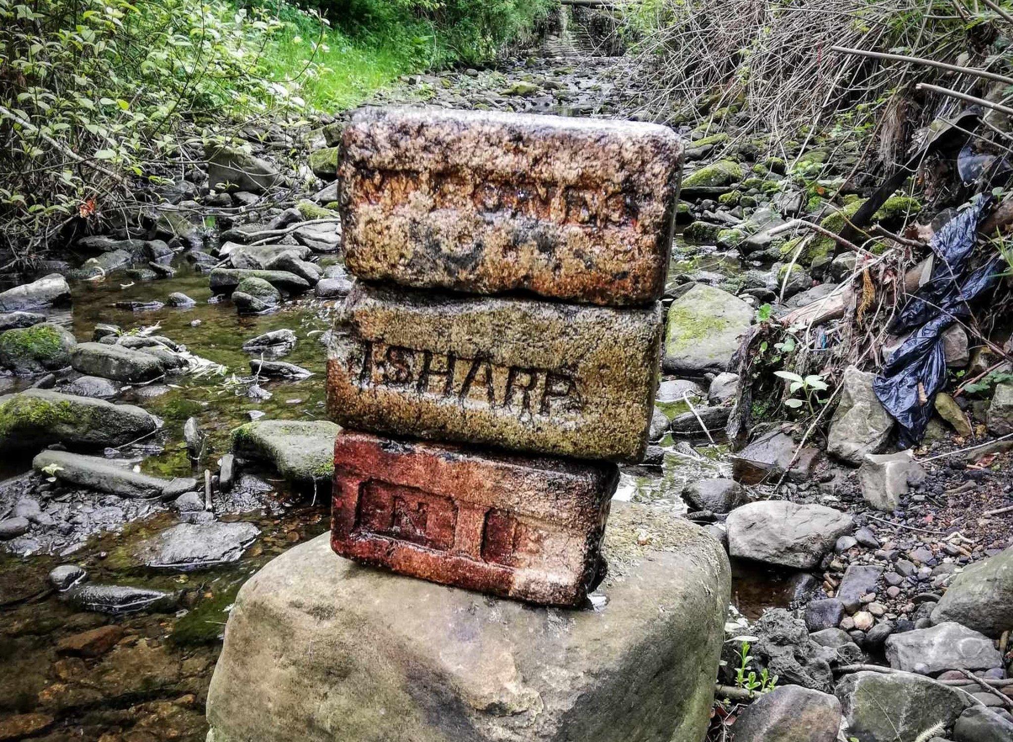 Found bricks by a stream