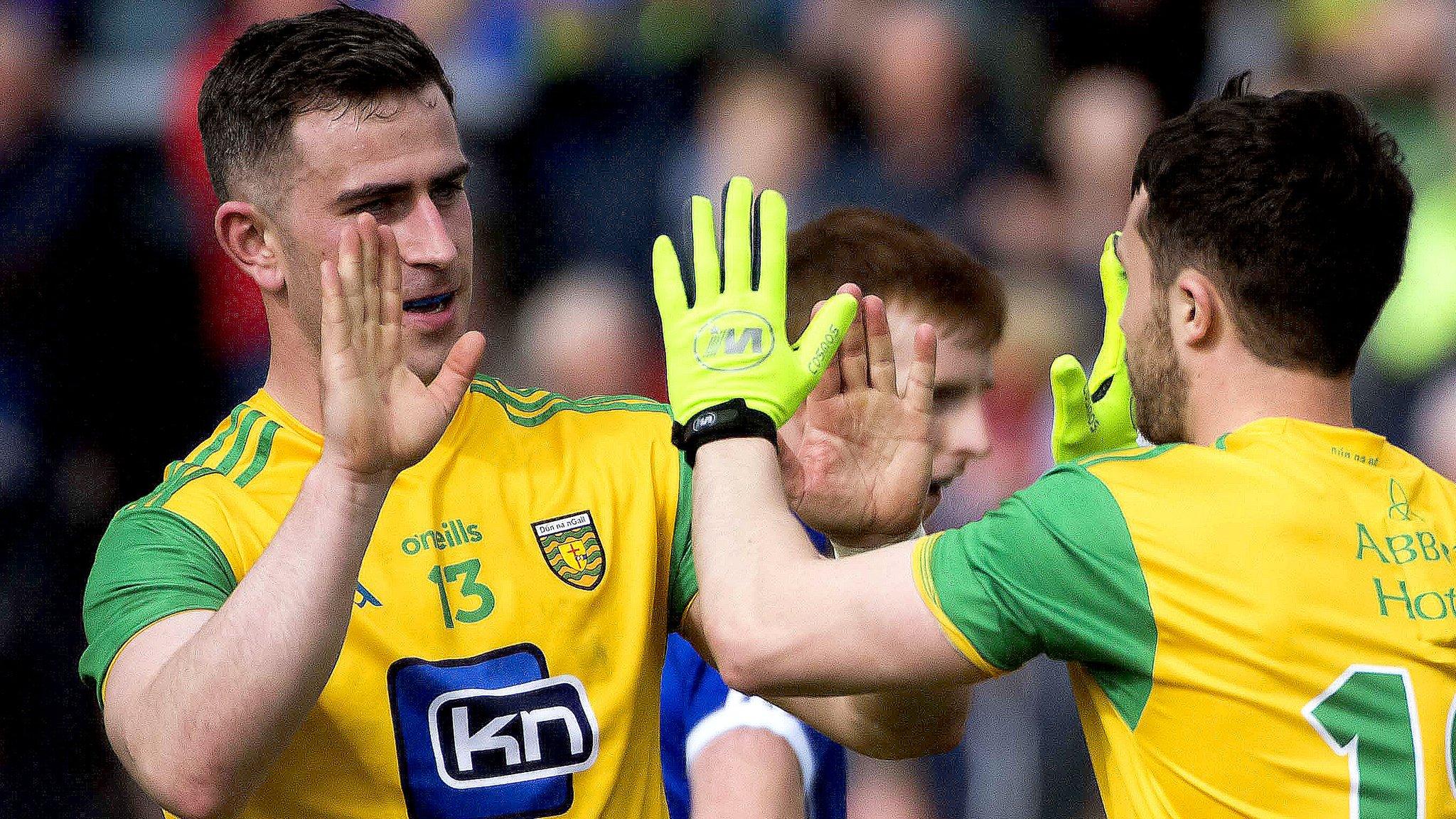 Donegal's Patrick McBrearty celebrates with Cian Mulligan