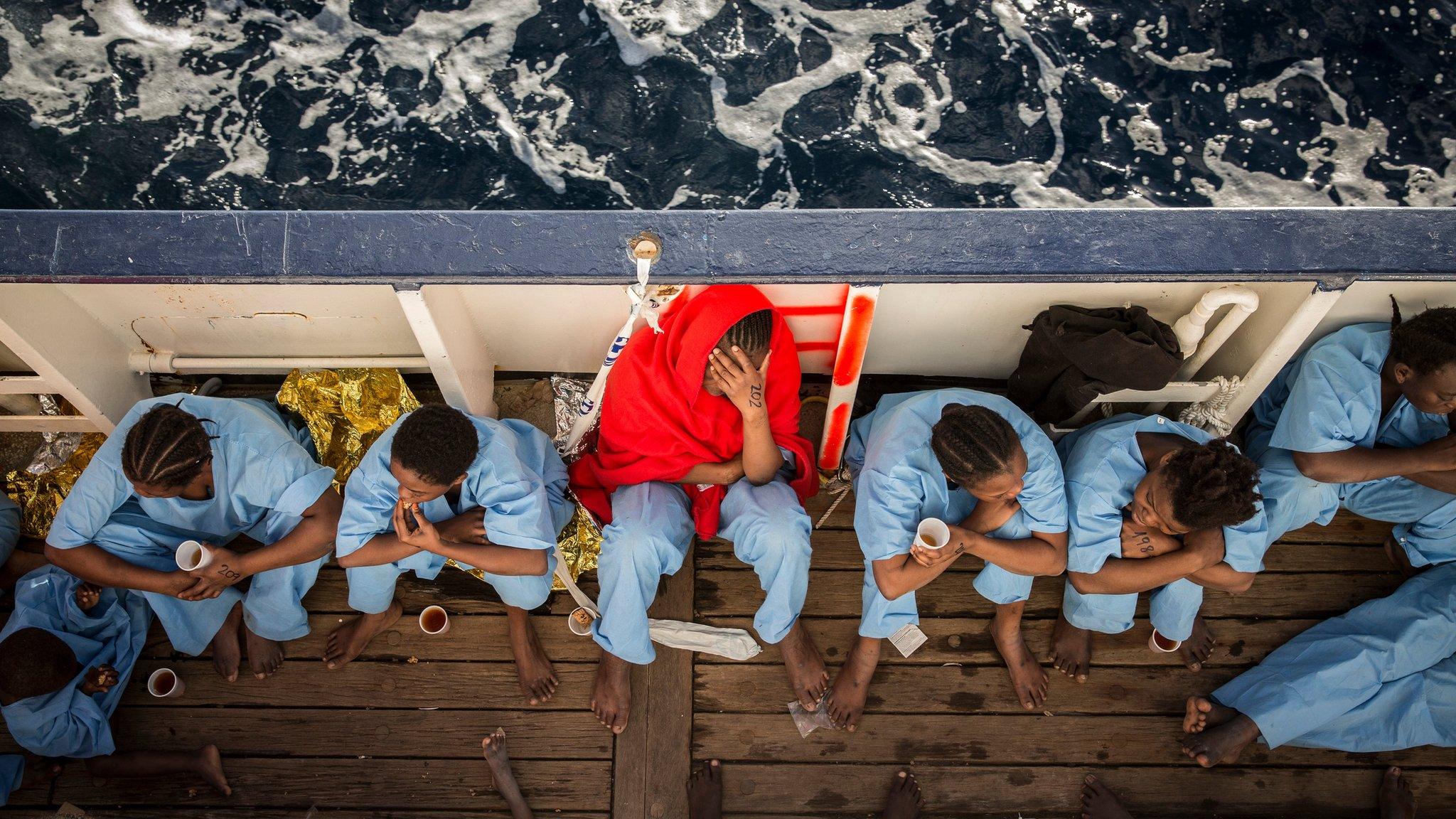 Women from Mali on the deck of the Golfo Azzurro vessel after being rescued from the Mediterranean sea on 13 January 2017