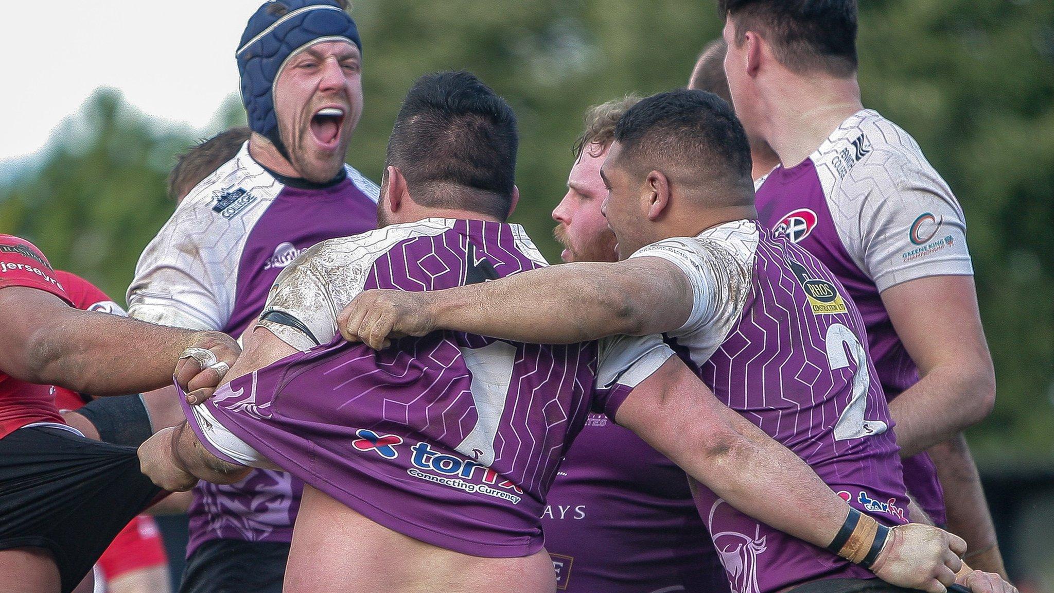 Cornish Pirates celebrate a try against Jersey