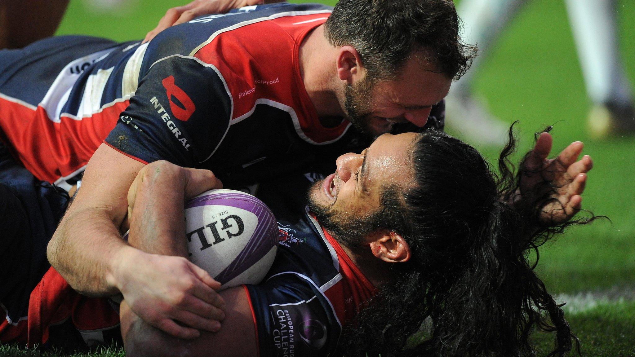 Try scorer Thretton Palamo of Bristol Rugby celebrates with team mate Luke Arscott