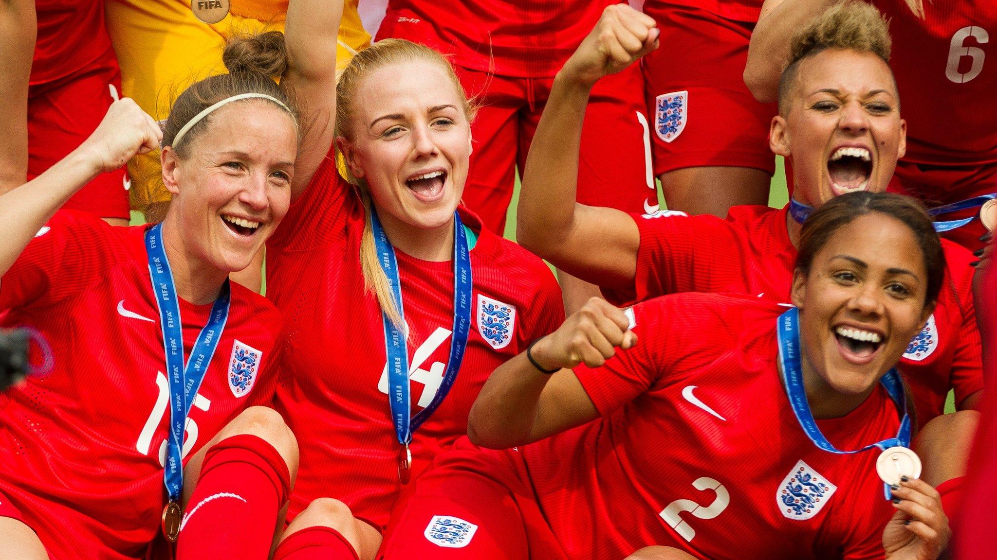 England Women celebrate finishing third at the 2015 World Cup