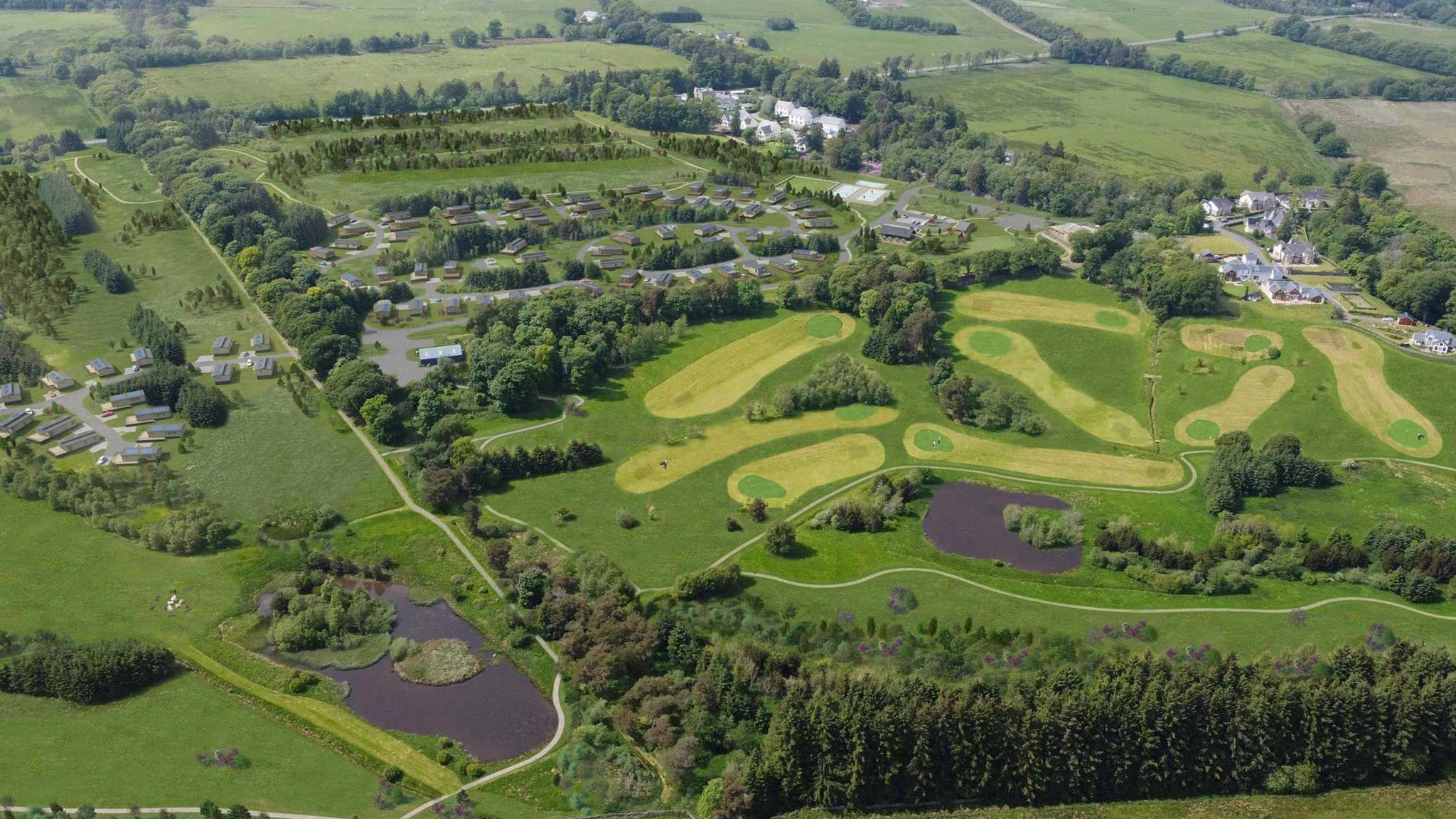A CGI aerial view of a lodge development with lodges dotted across a landscape of small lochs, trees and pitch and putt golf course
