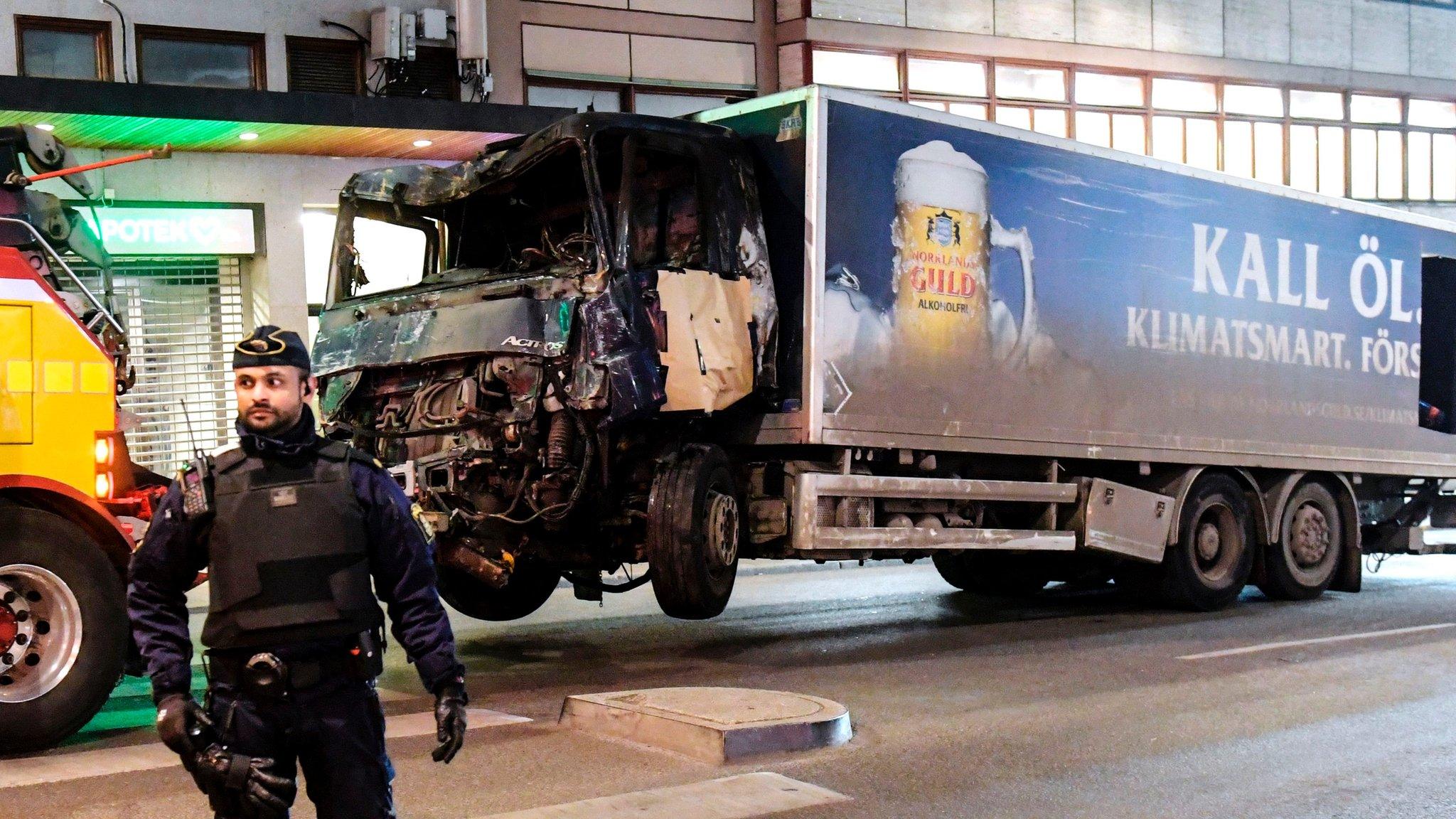 This picture taken on April 8, 2017, shows the truck that crashed into the Ahlens department store at Drottninggatan in central Stockholm the day before