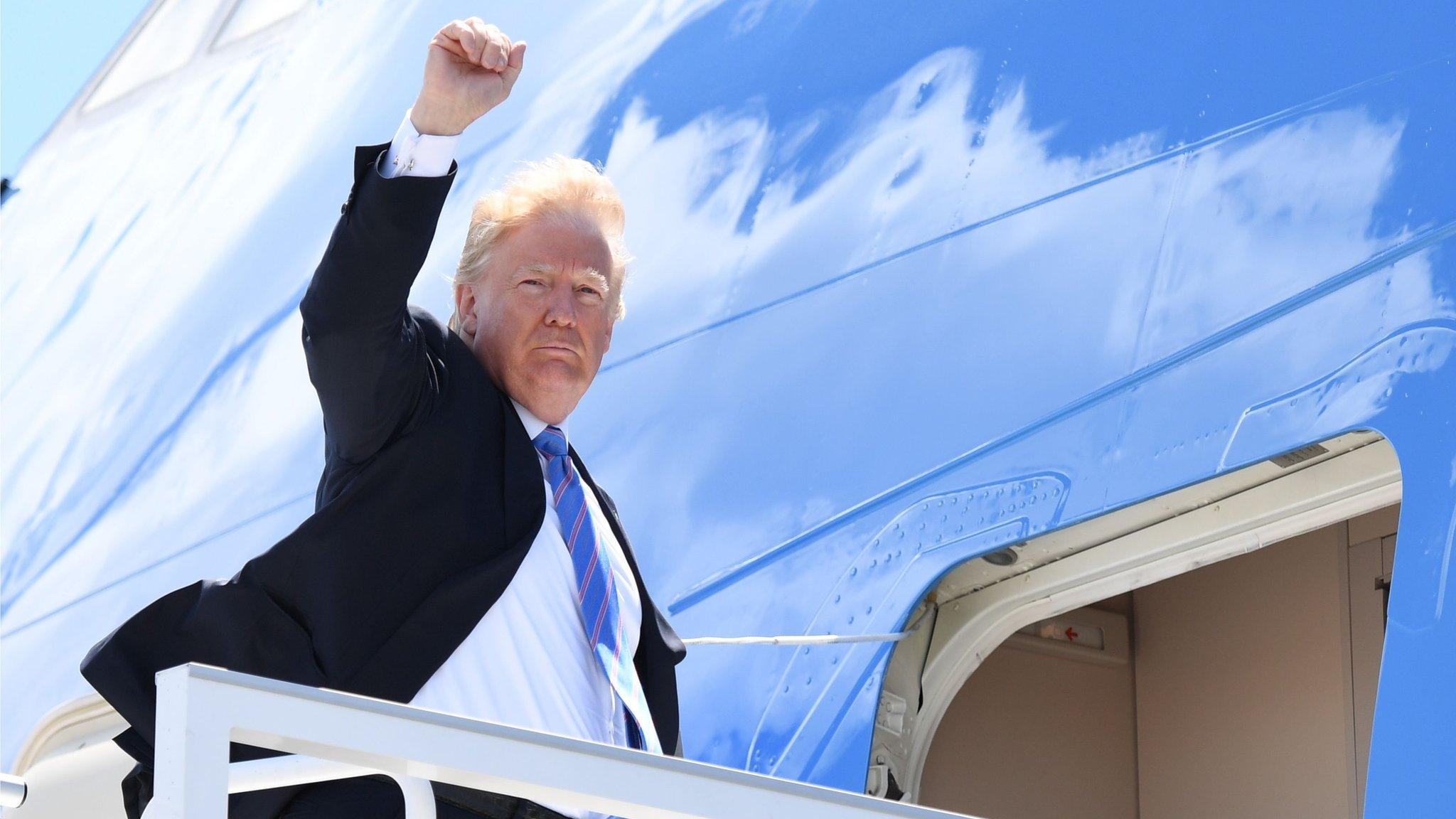 US President Donald Trump boards Air Force One prior to departure from Canadian Forces Base Bagotville in Canada