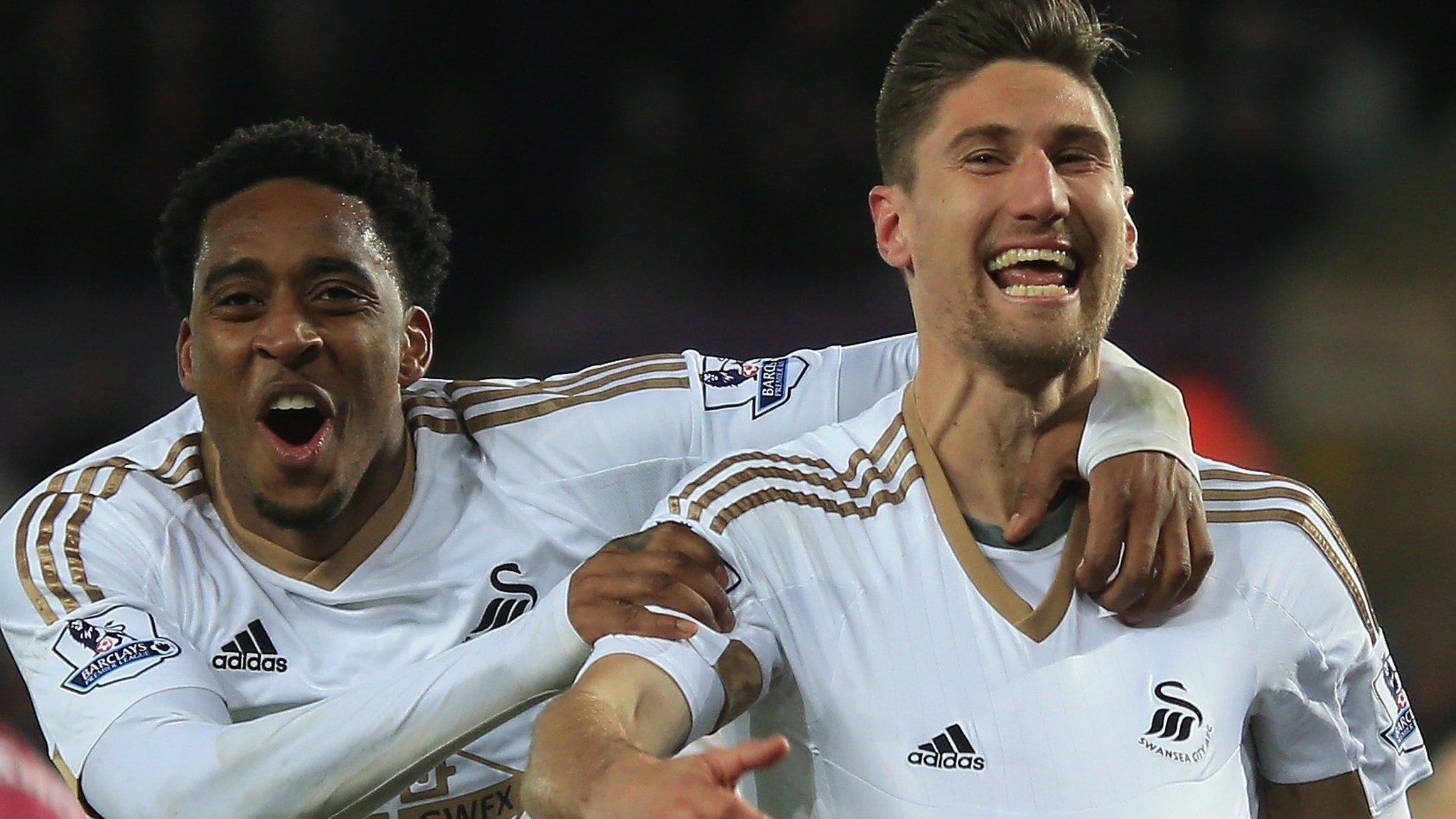 Federico Fernandez celebrates scoring the winner for Swansea against Aston Villa