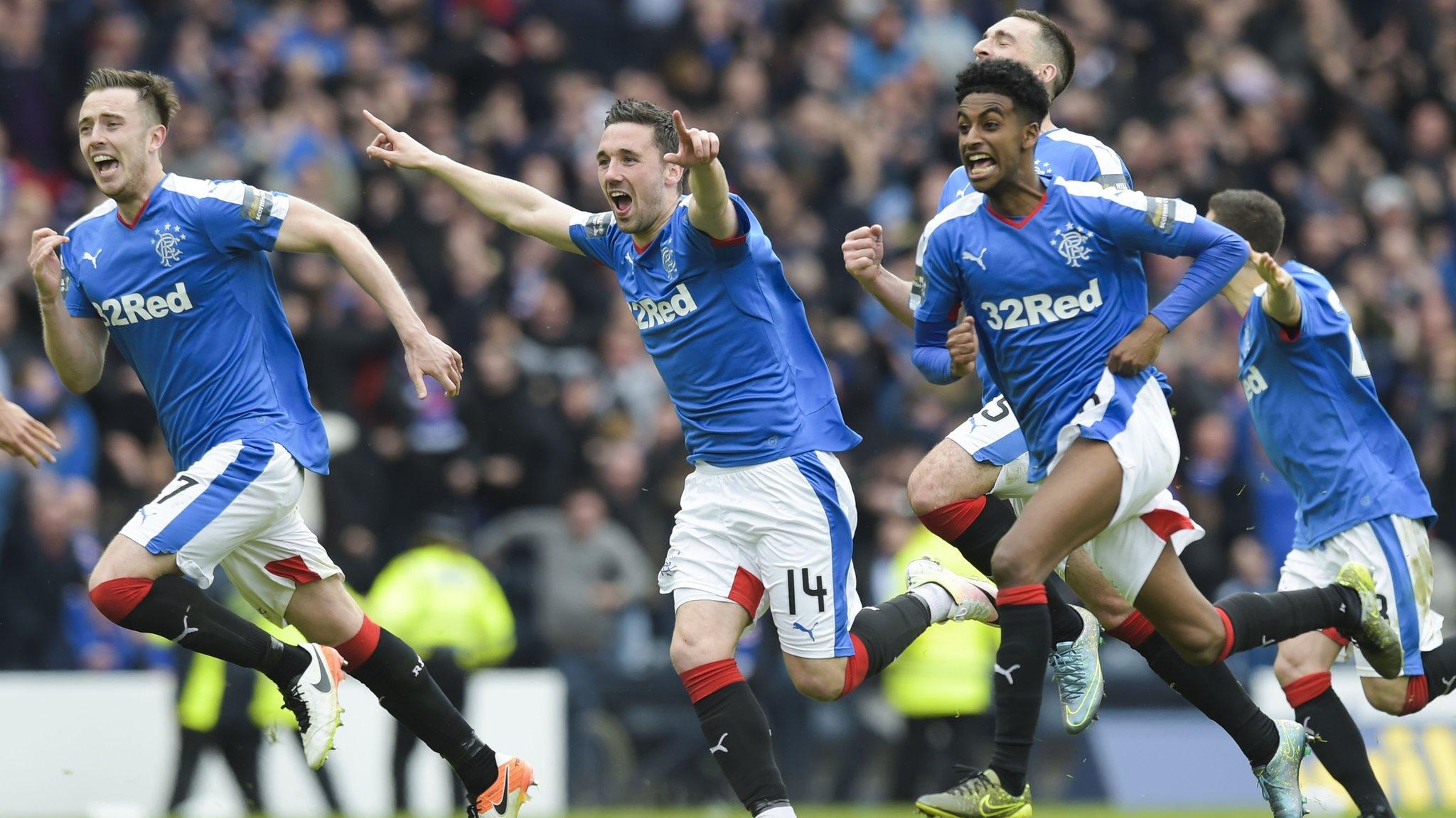 Rangers players celebrate after their penalty shoot-out victory