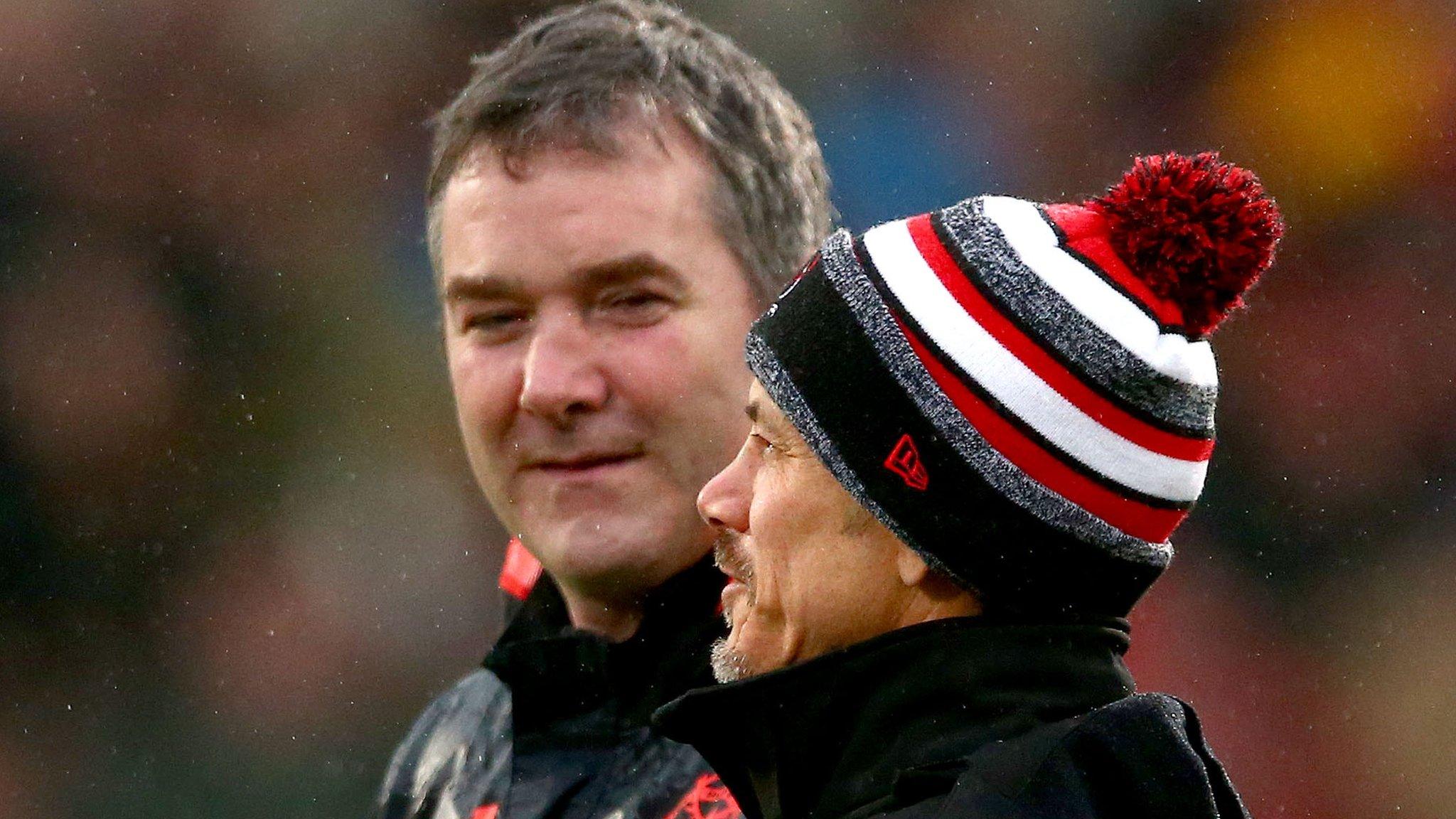 Anthony Foley and Ulster director of rugby Les in discussion at Kingspan Stadium in January