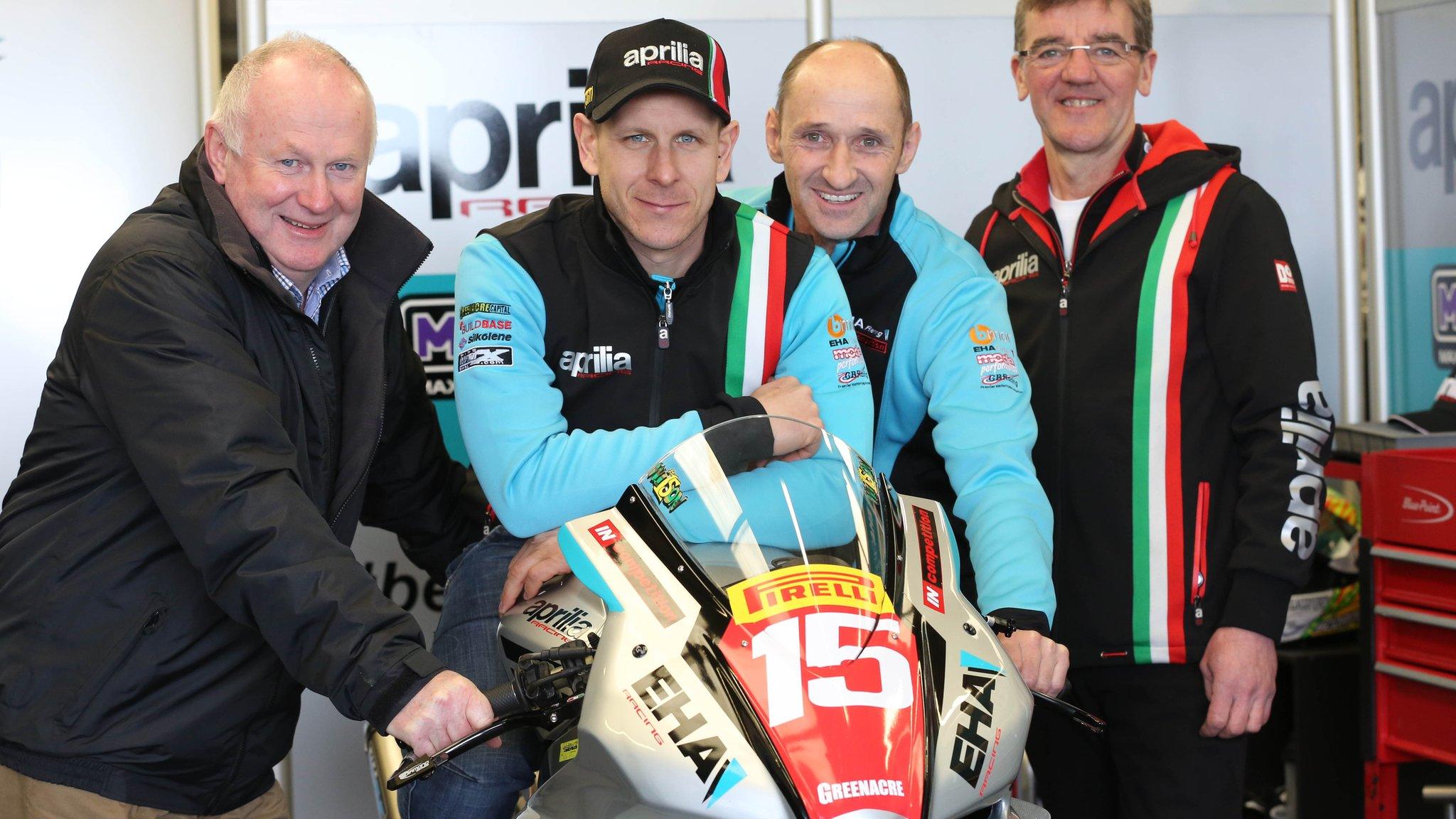 NW 200 event director Mervyn Whyte, Ben Wilson, EHA Racing's Edward Allingham and crew chief Ian Newton