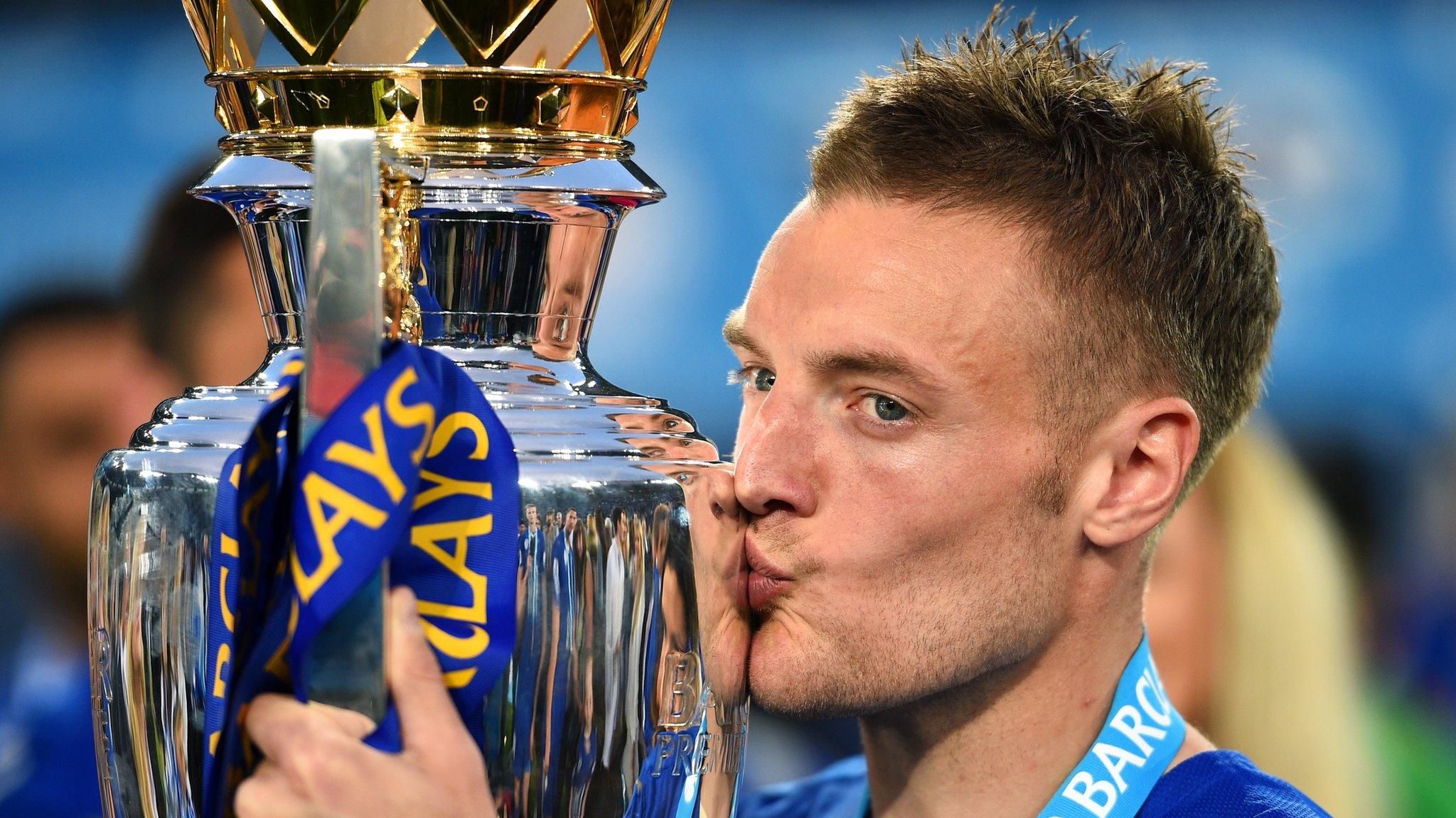 Leicester City striker Jamie Vardy celebrates winning the Premier League title