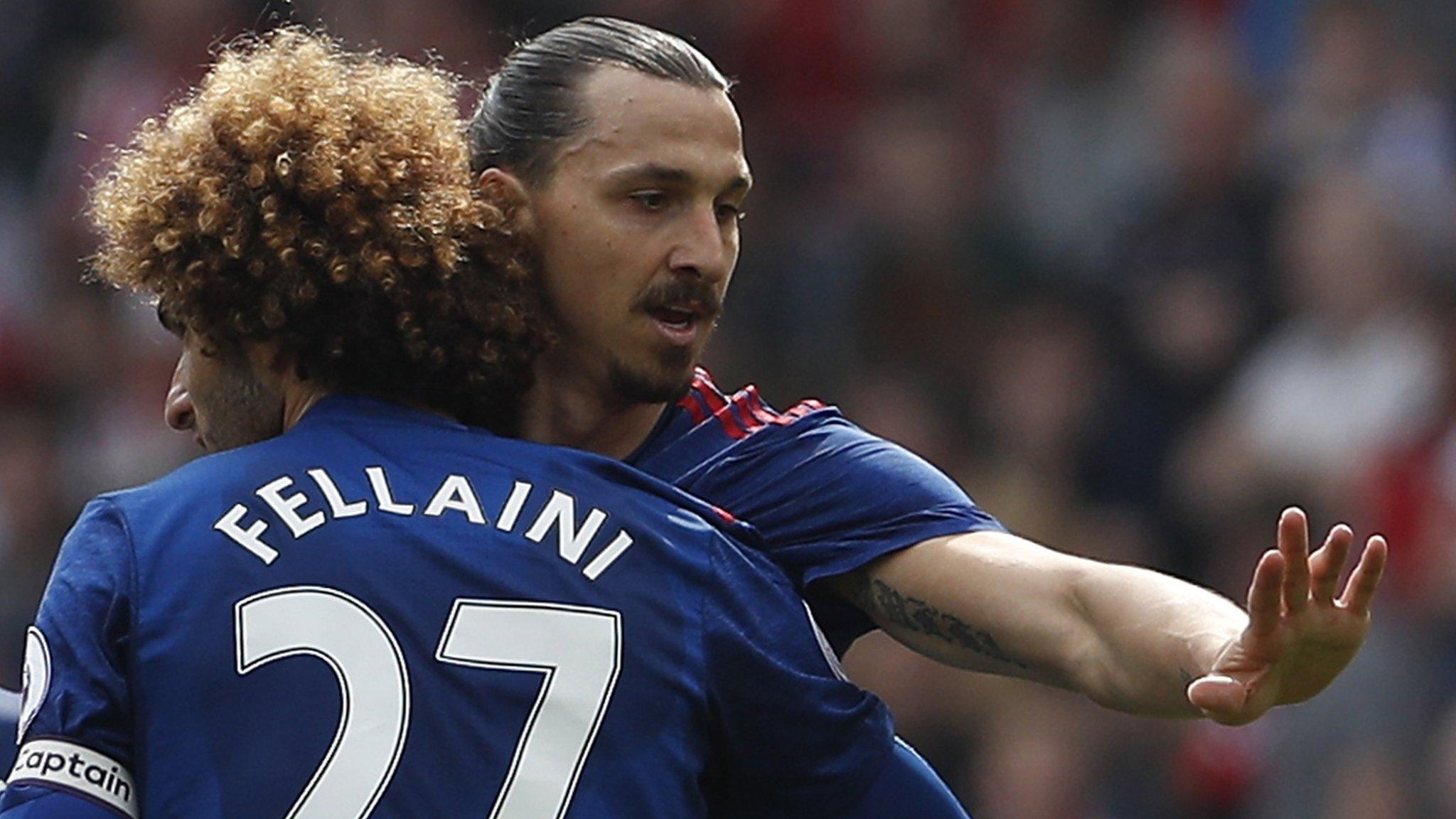 Manchester United striker Zlatan Ibrahimovic celebrates scoring with Marouane Fellaini against Sunderland